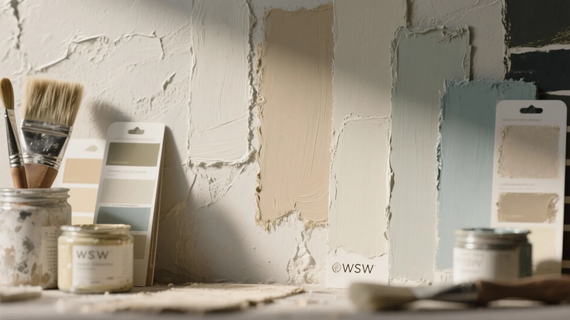 Paint brushes and color palette cards sitting next to textured wall paint samples in bright sunlight