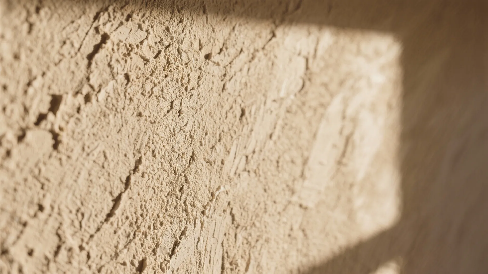 Close up view of textured beige wall paint showing rough surface details and soft natural shadows