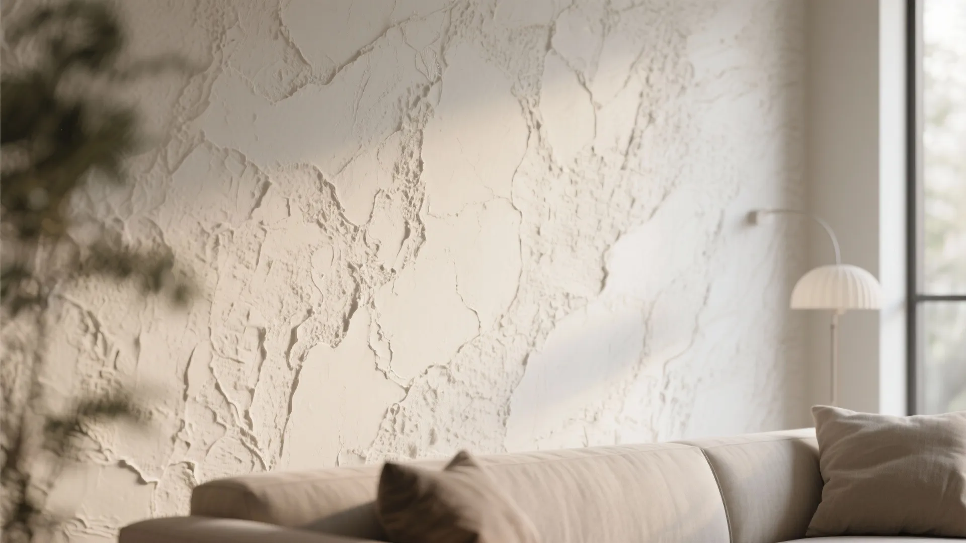 Close up of a textured white wall in a living room with sofa and floor light
