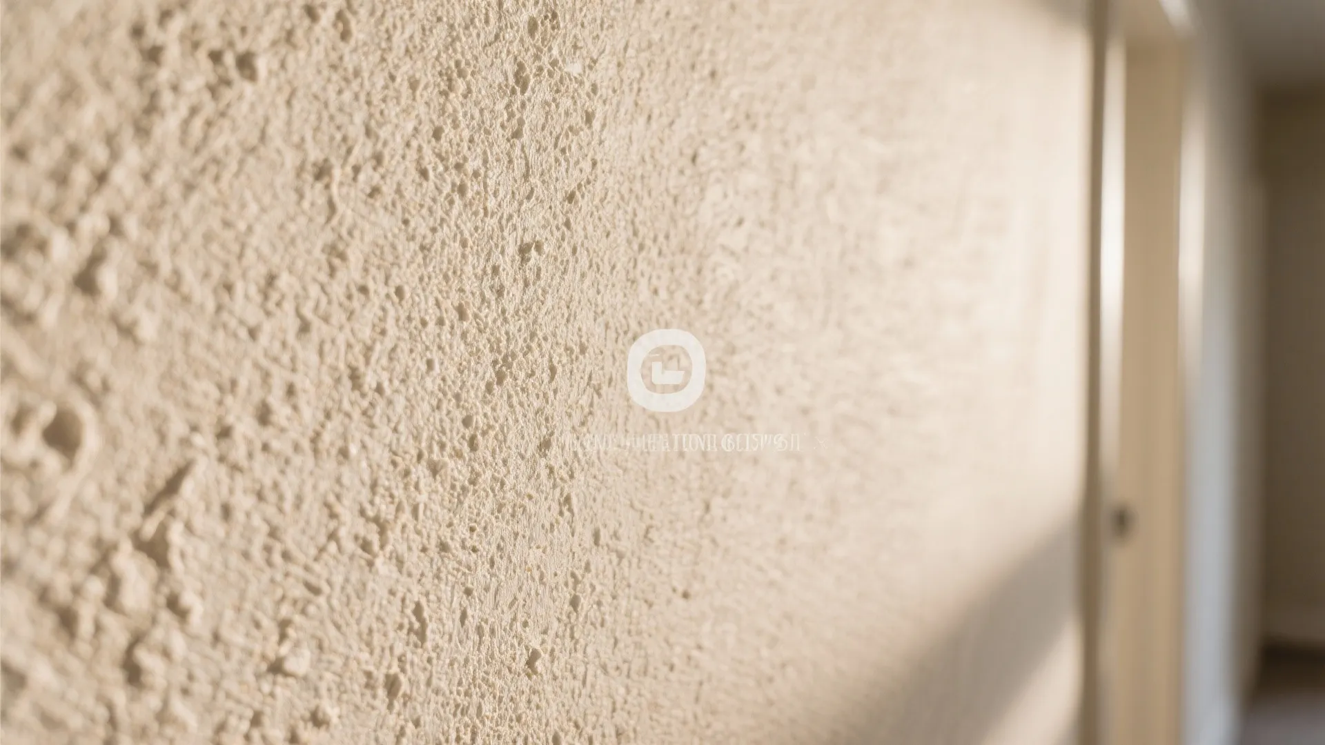 Close up of a cream textured paint wall finish in a bright hallway with soft sunlight