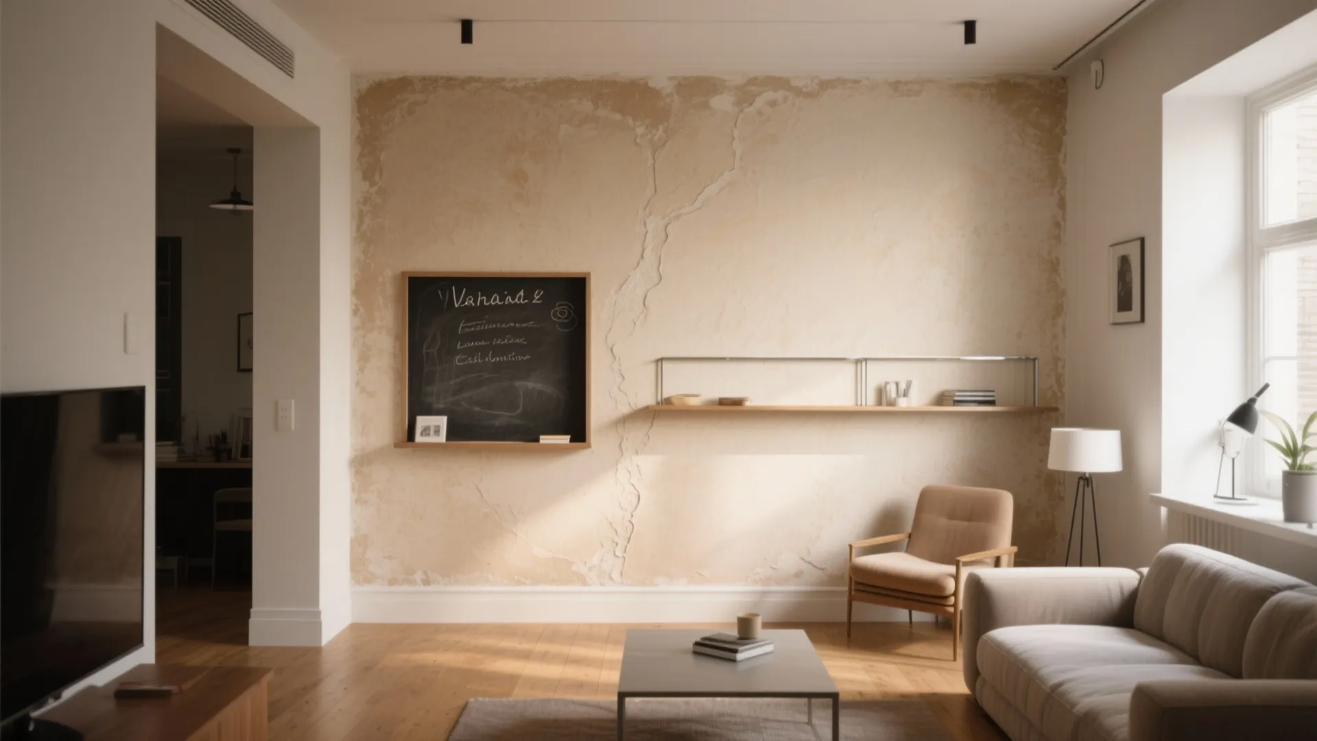 Modern living room with textured beige wall, sofa, wooden floor, small chalkboard, and floating shelf
