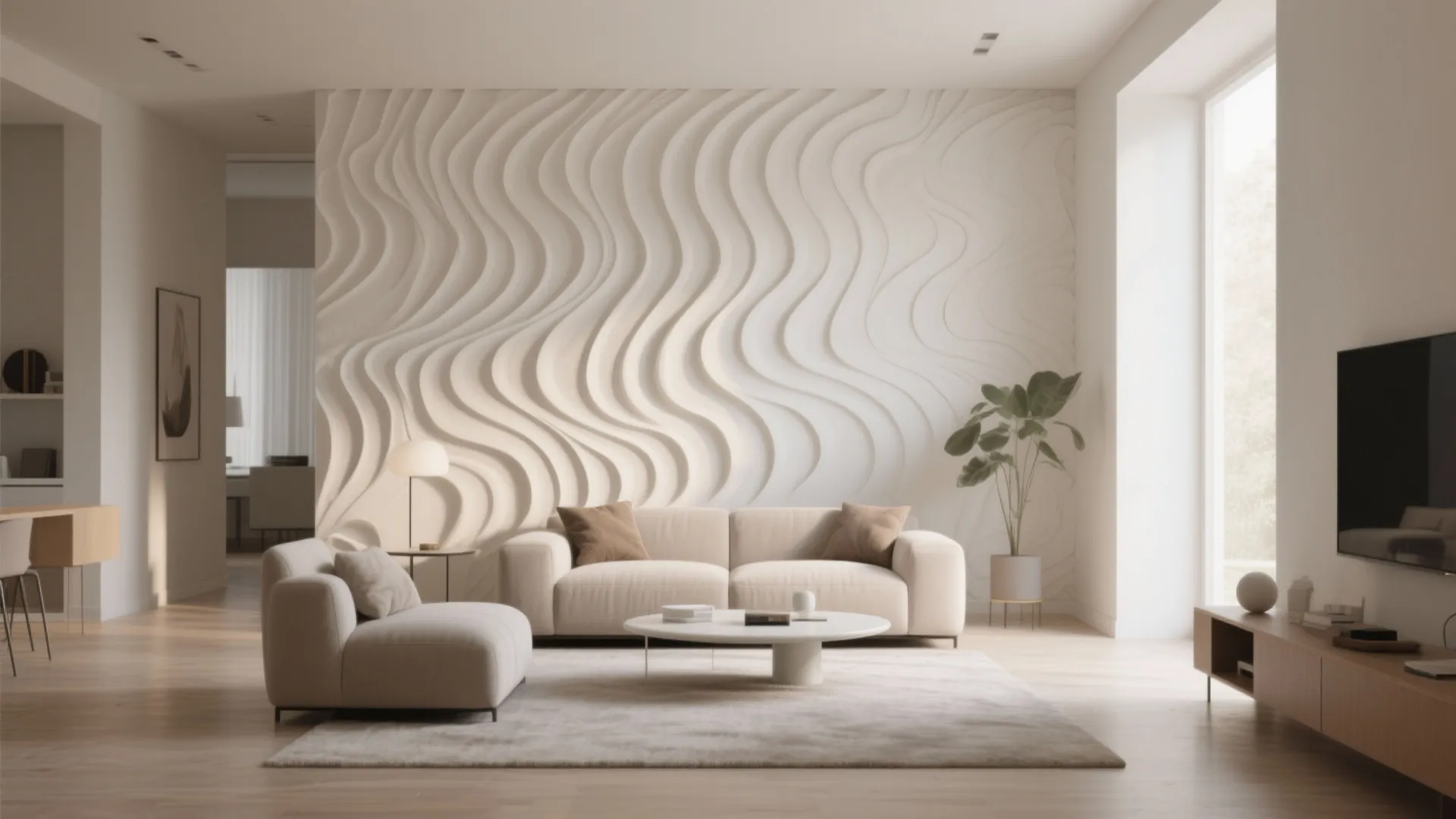 Modern living room with a white wavy textured wall cream sofa round table and rug