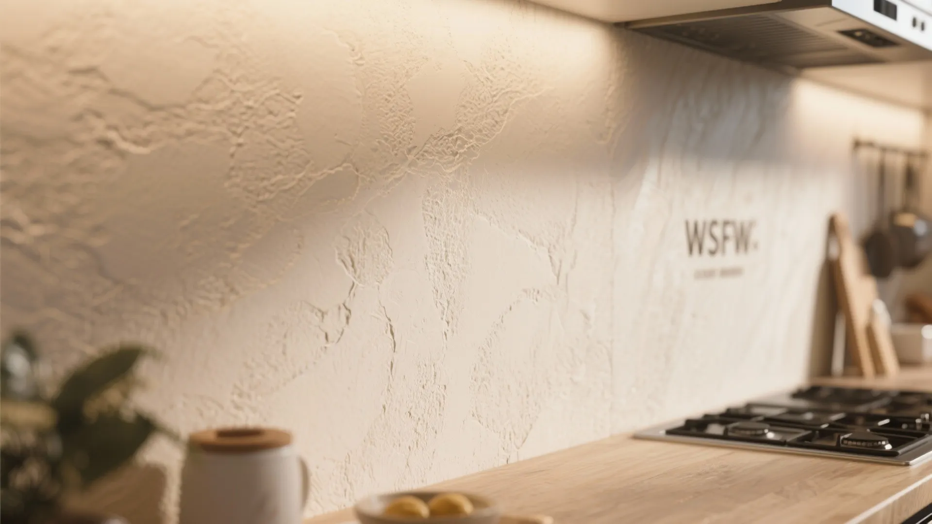 Close up of textured beige kitchen wall with warm light above wooden counter and gas stove
