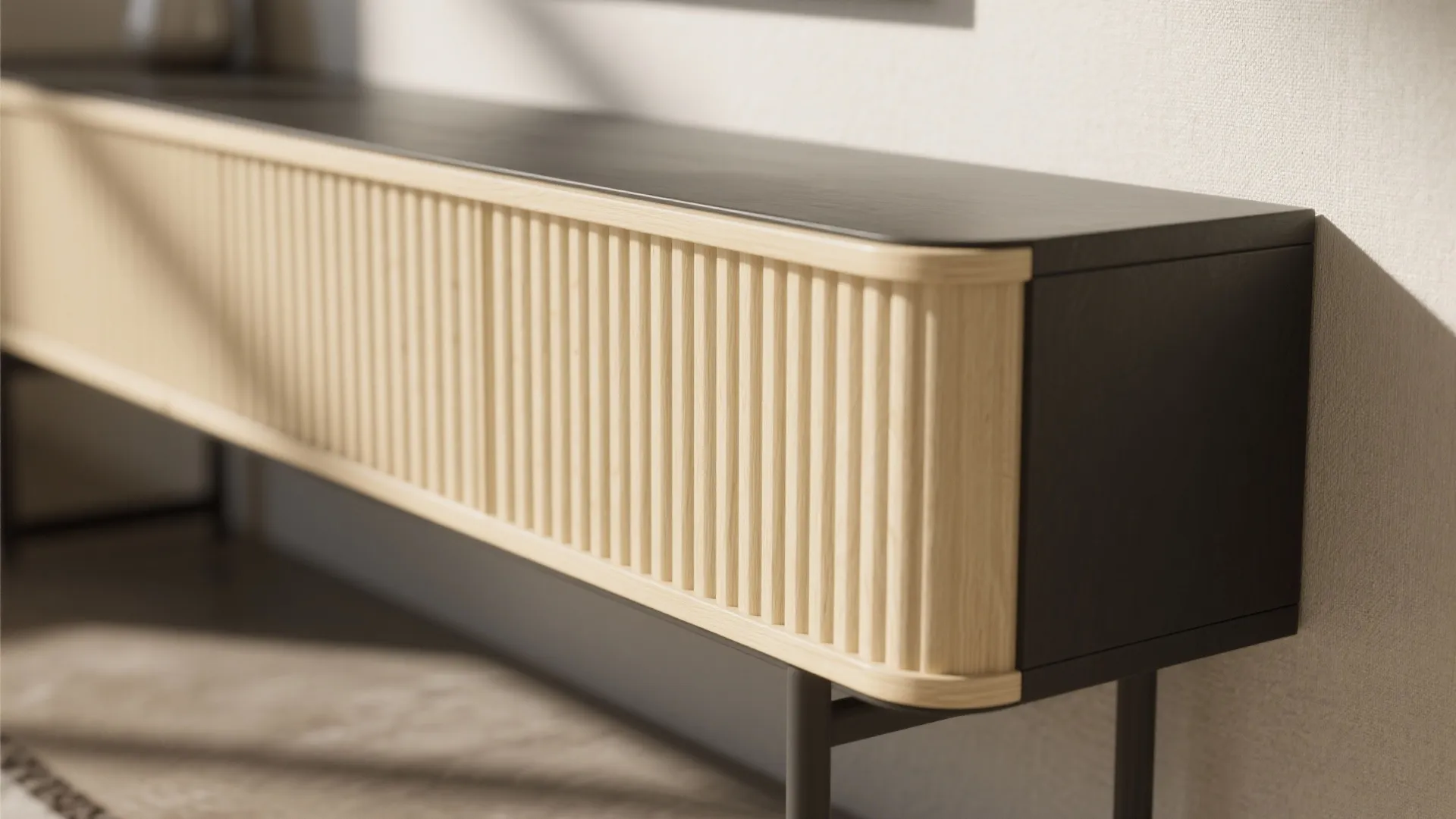 Textured wall paneling behind the console