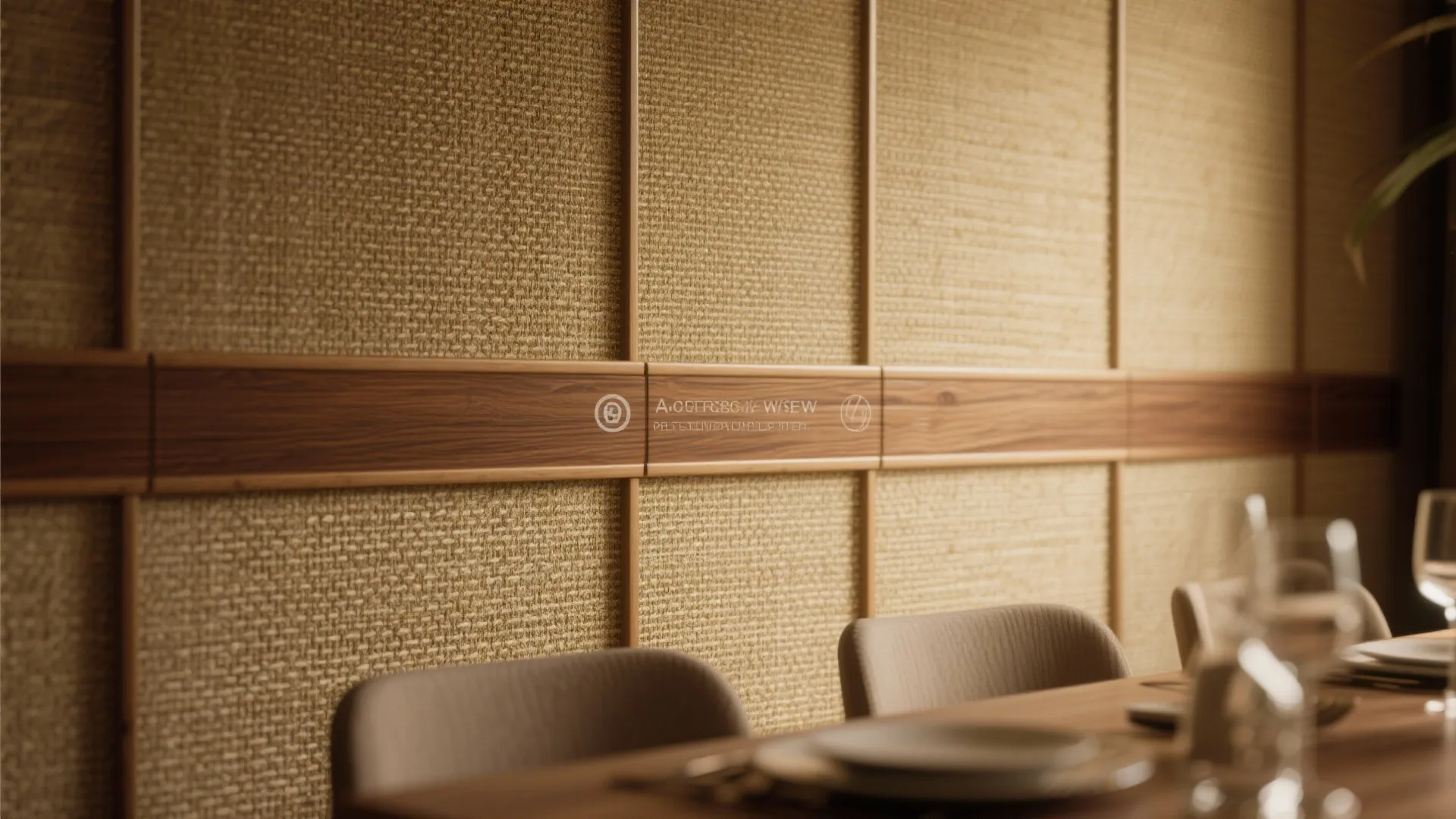 Detailed interior design drawing of textured beige wall panel with brown wood trim in dining area
