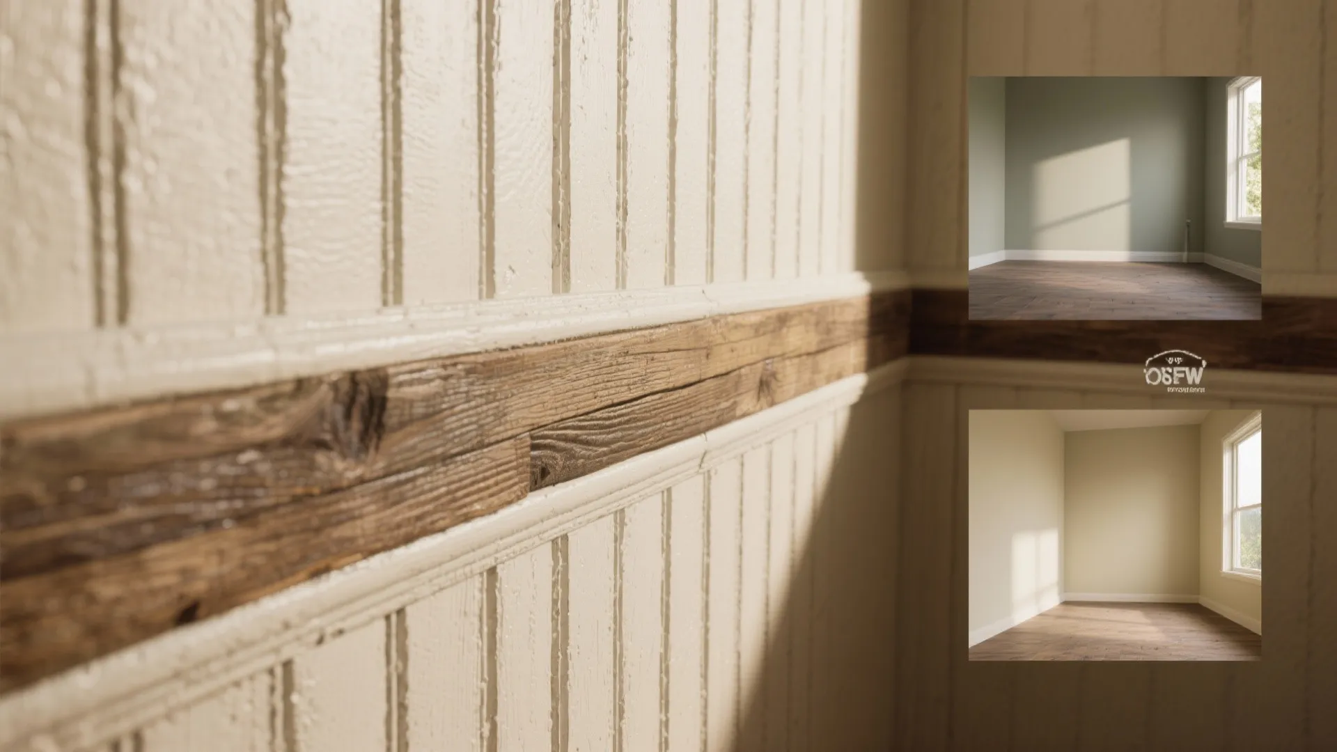 Close-up of beadboard and reclaimed wood accent panel showing paint texture and grain in a small room corner.