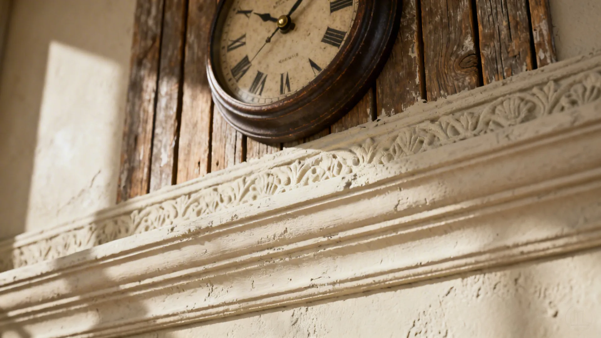 Vintage round clock with roman numerals mounted on wood panels above a white textured wall