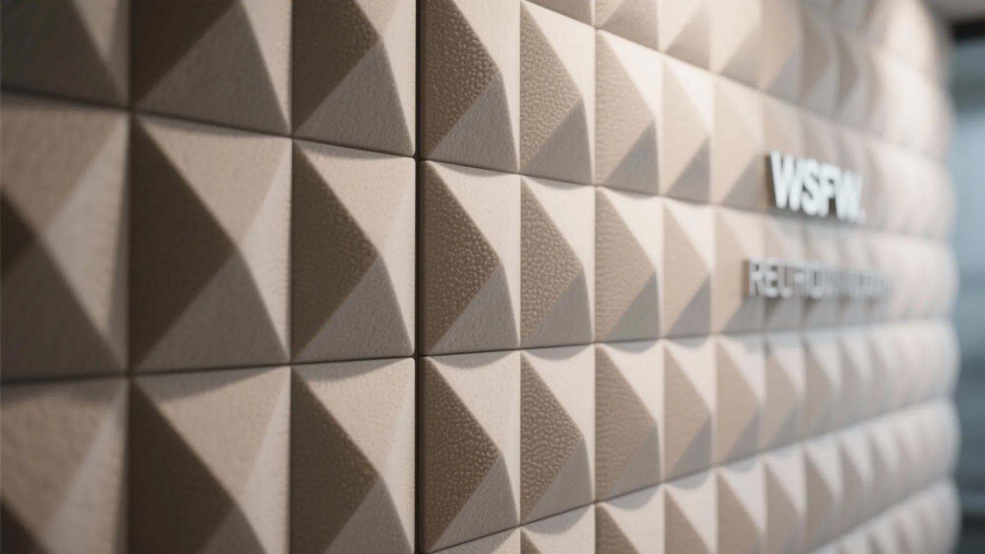 Beige wall with three dimensional triangle shaped panels and grey metal letters under warm lighting