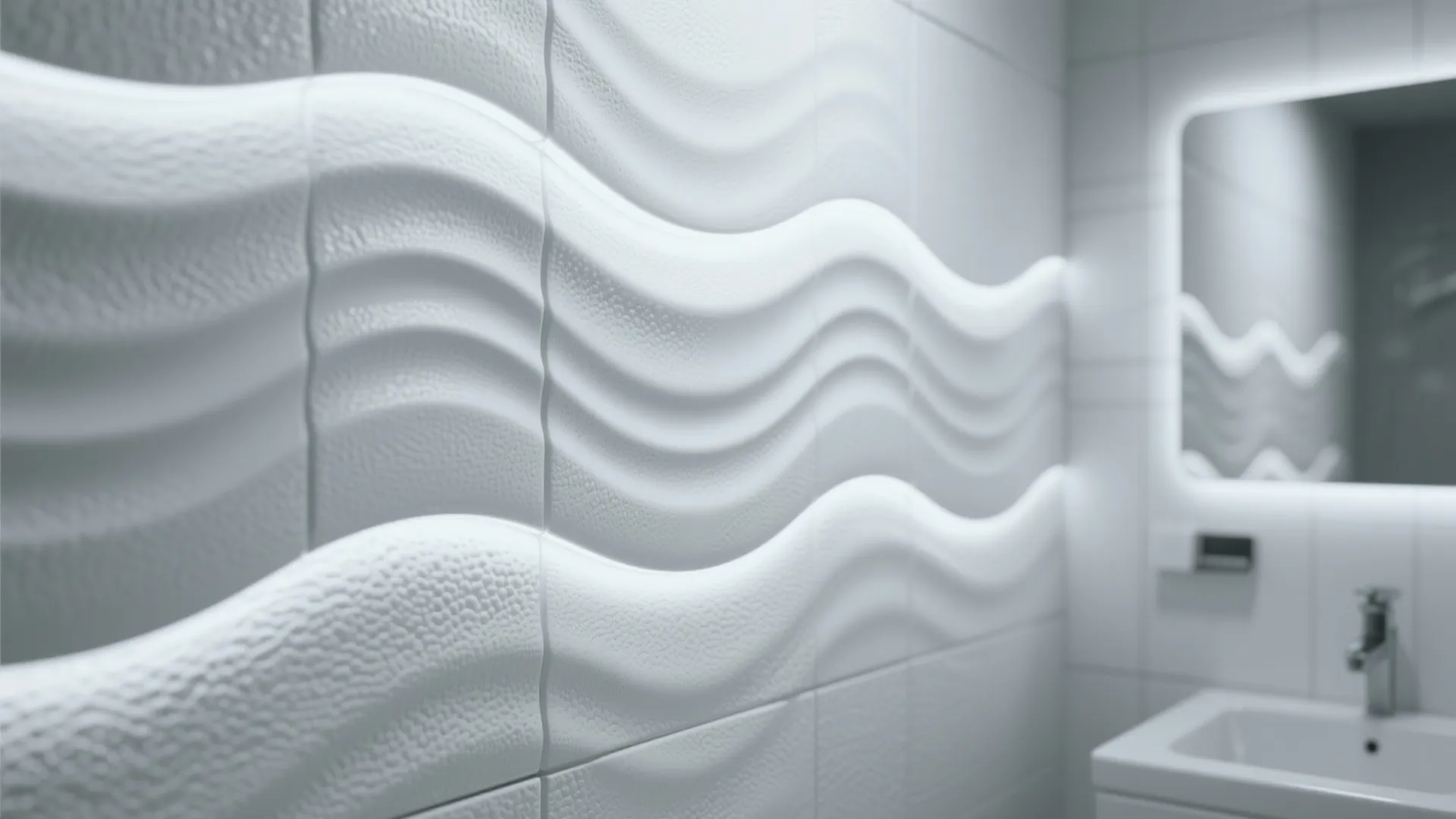 Modern bathroom with white textured wave wall panel design beside a sink and illuminated mirror