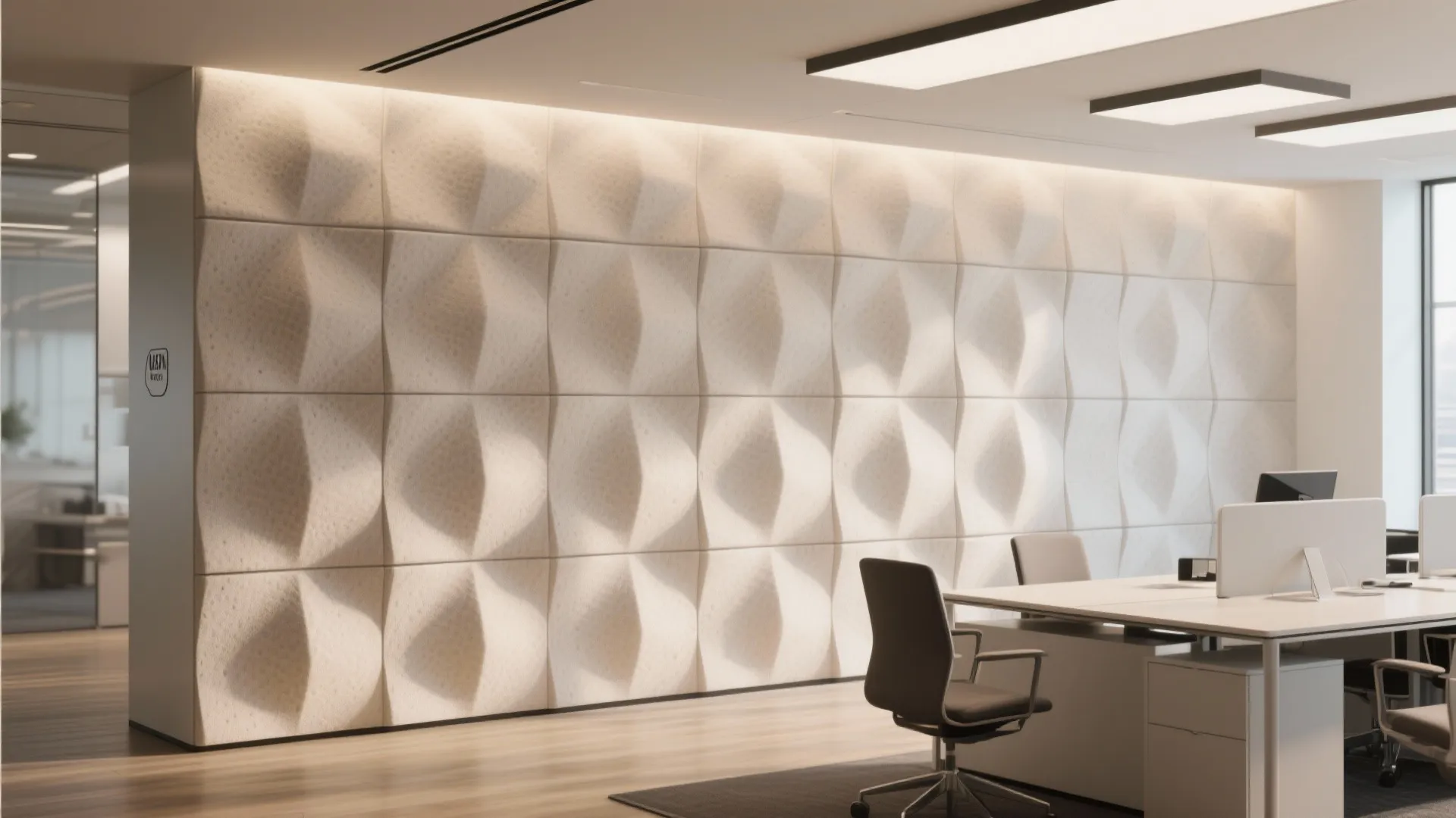 Modern office space with decorative beige textured wall panels white desk black chair and warm lighting