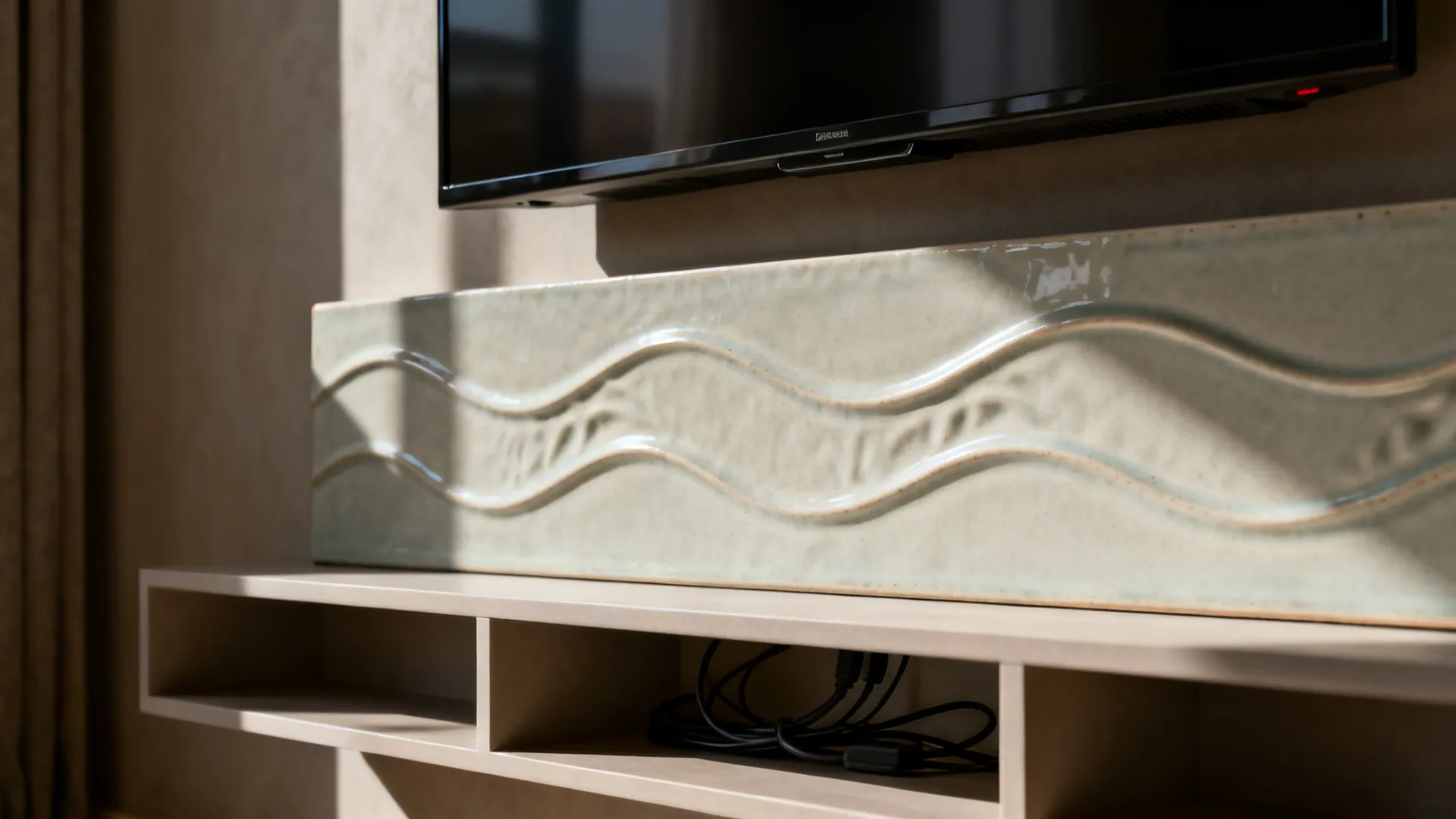 2. Textured Ceramic Panels Behind the TV