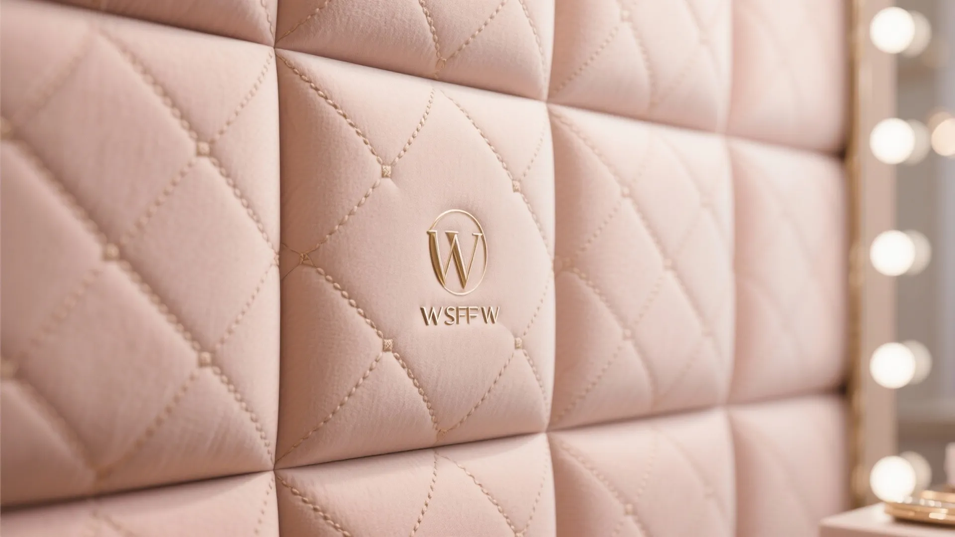 Pink quilted soft wall panel with diamond stitching and gold logo in a makeup room