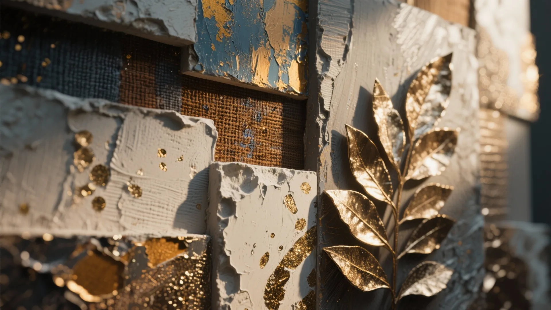 Close up of 3D wall panel with gold leaf plant design and mixed material textures