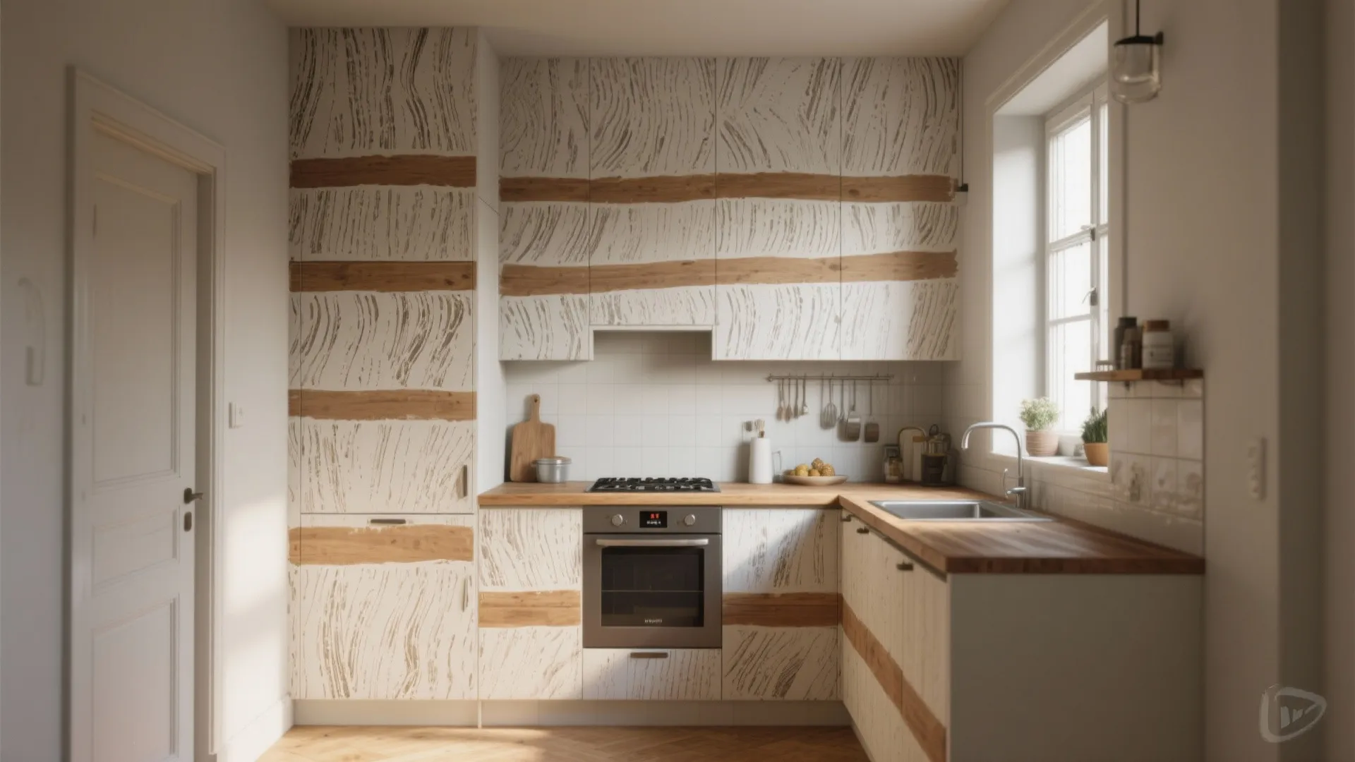 Modern kitchen featuring cabinets with wavy patterns wood countertops white walls sink oven and light