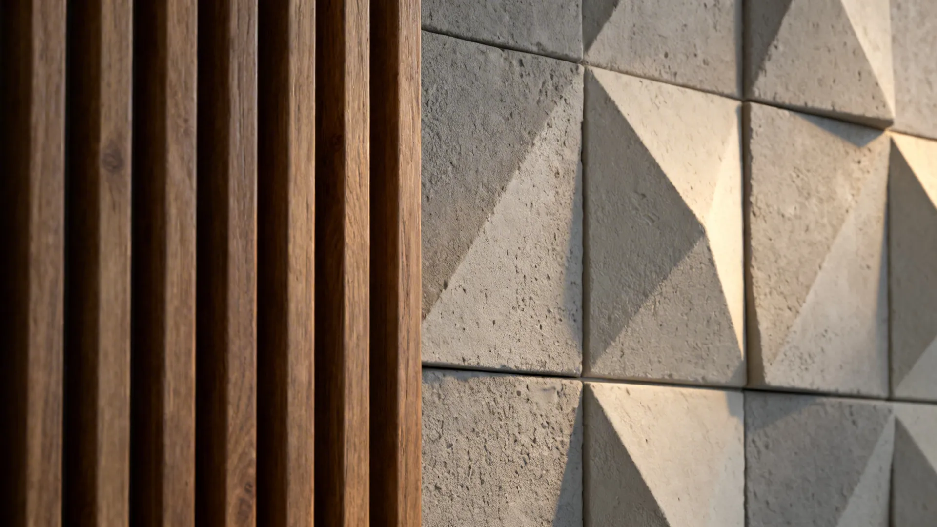 Close up of interior wall design with vertical wood panels and grey stone 3D tiles