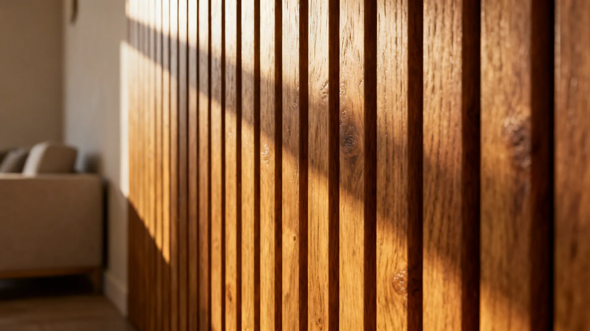 Close-up of oak slat textured accent wall with soft daylight revealing wood grain and depth.