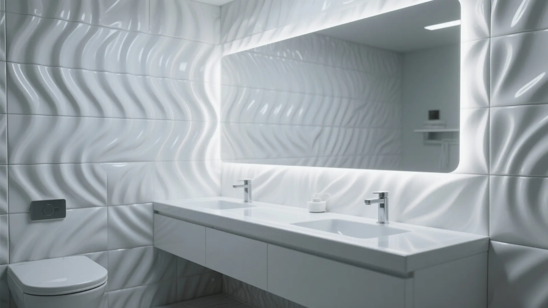 Modern white bathroom featuring wave textured wall panels backlit mirror double sink and white toilet