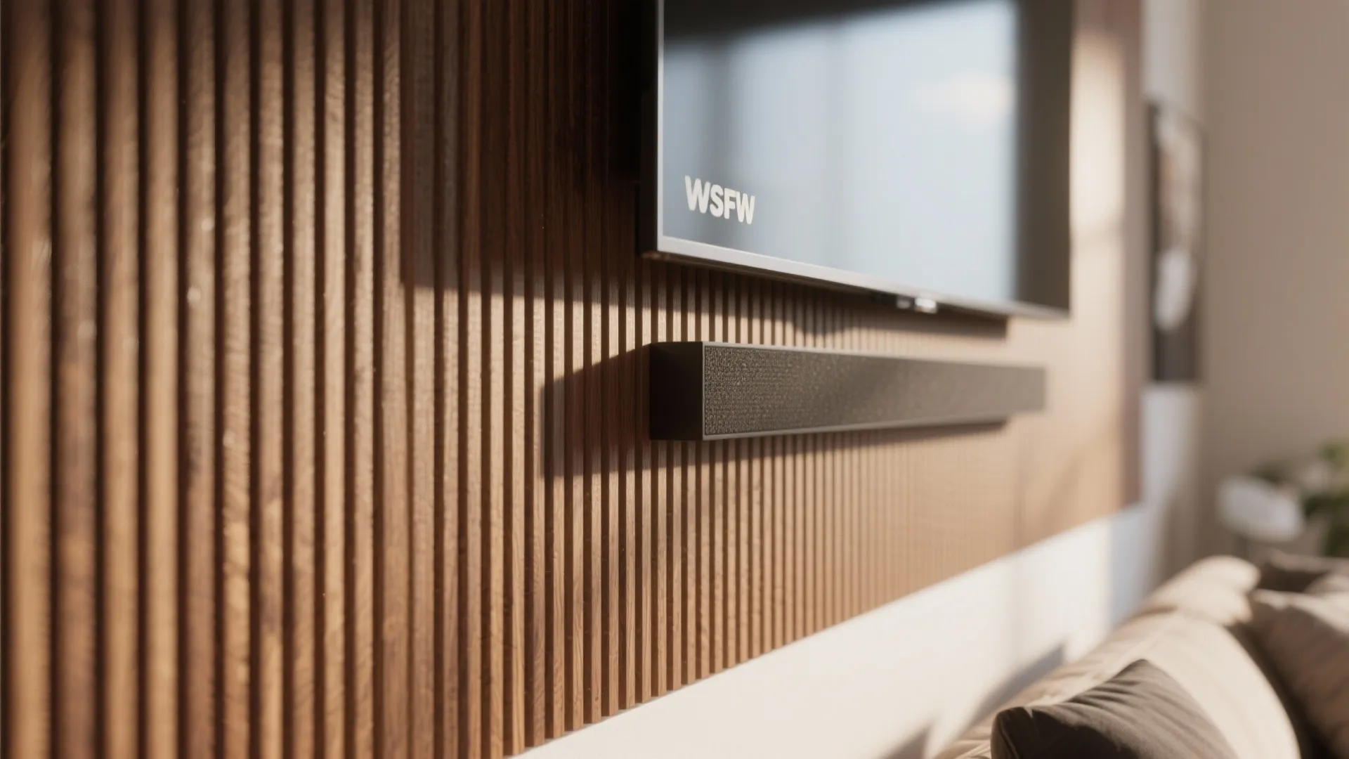 Close up view of wooden wall panel texture with a television and speaker mounted on wall