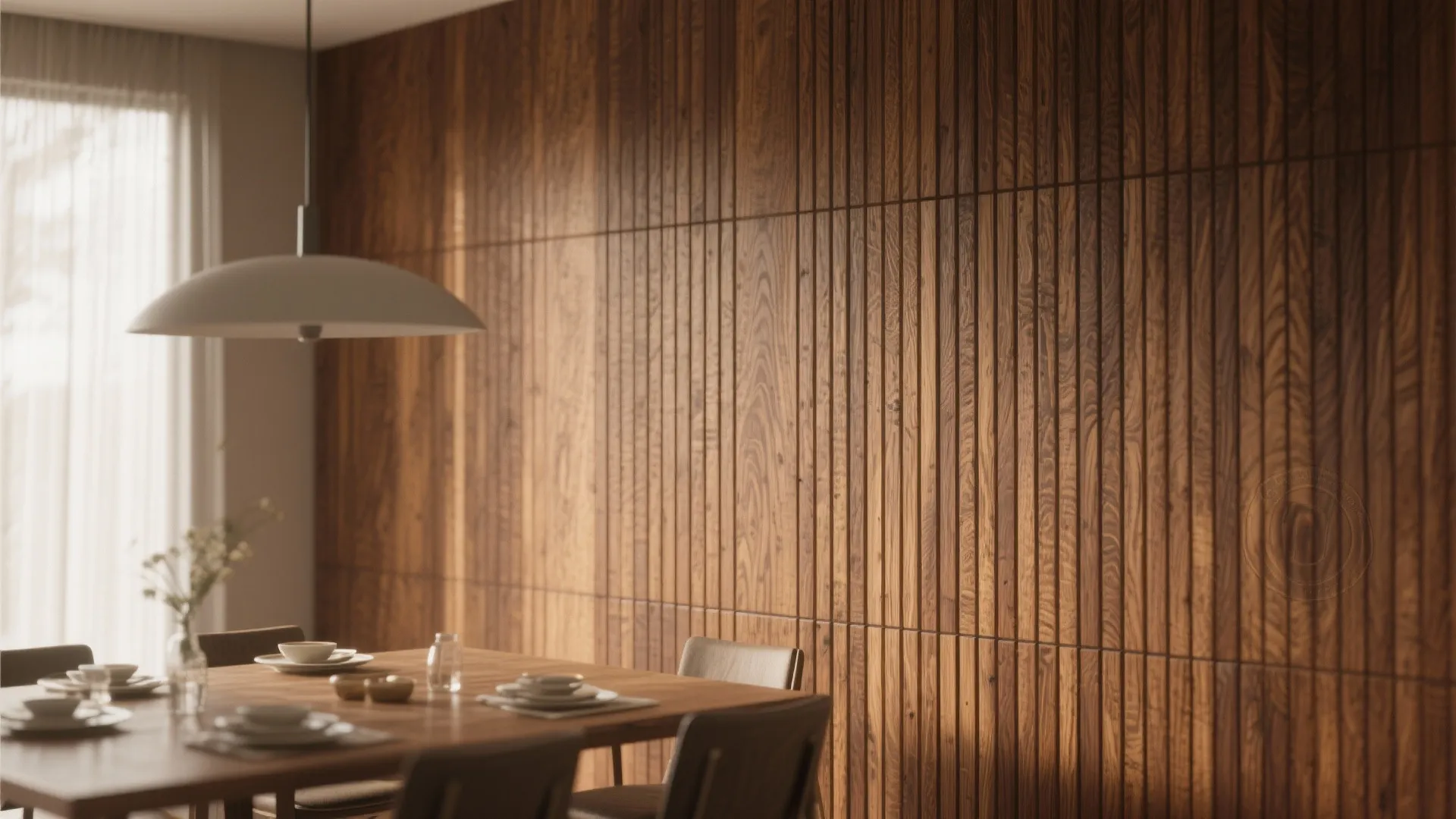 Dining area with vertical wood wall panels wooden table white ceiling light and natural sunlight