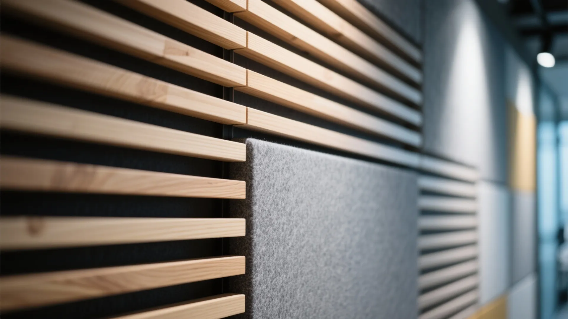Close up of a modern wall panel featuring horizontal wooden slats mixed with grey fabric