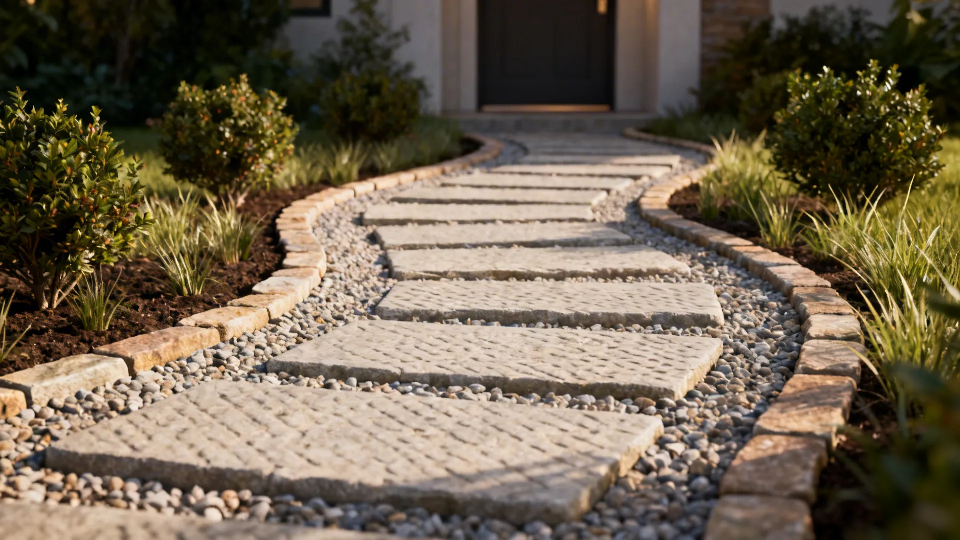 Narrow winding path with textured pavers, gravel edges and planting pockets in a compact front yard.