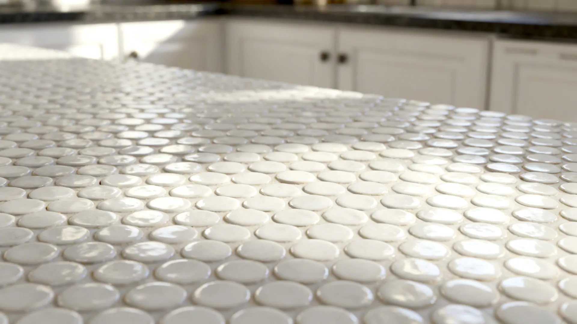 Textured white penny round backsplash tile showing shadow and relief with dark counter in background