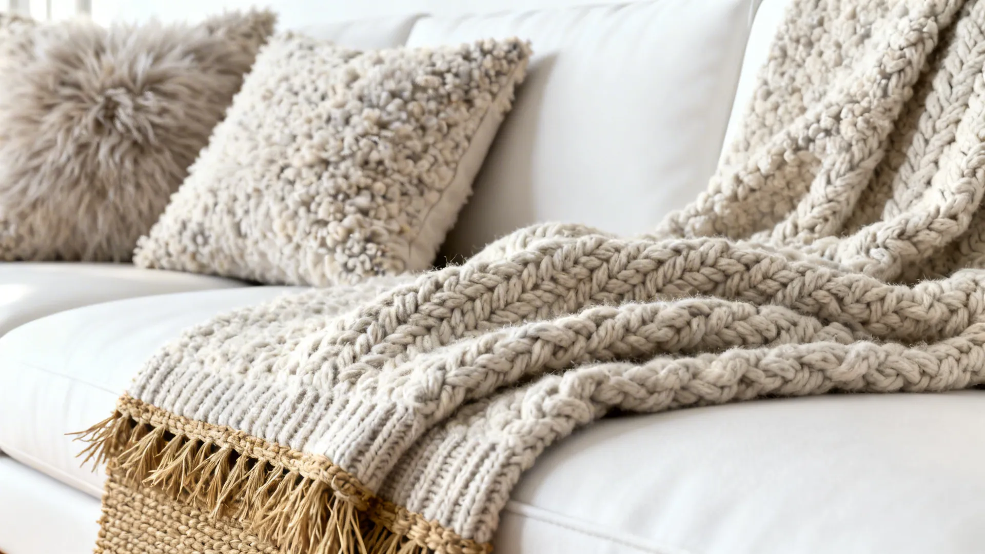 Close-up of boucle pillows, wool throw and sisal rug beside a white sofa showing texture detail