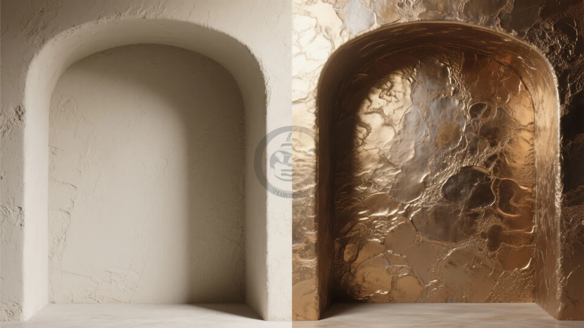 Comparison of a cream textured wall niche next to a shiny gold metallic wall niche