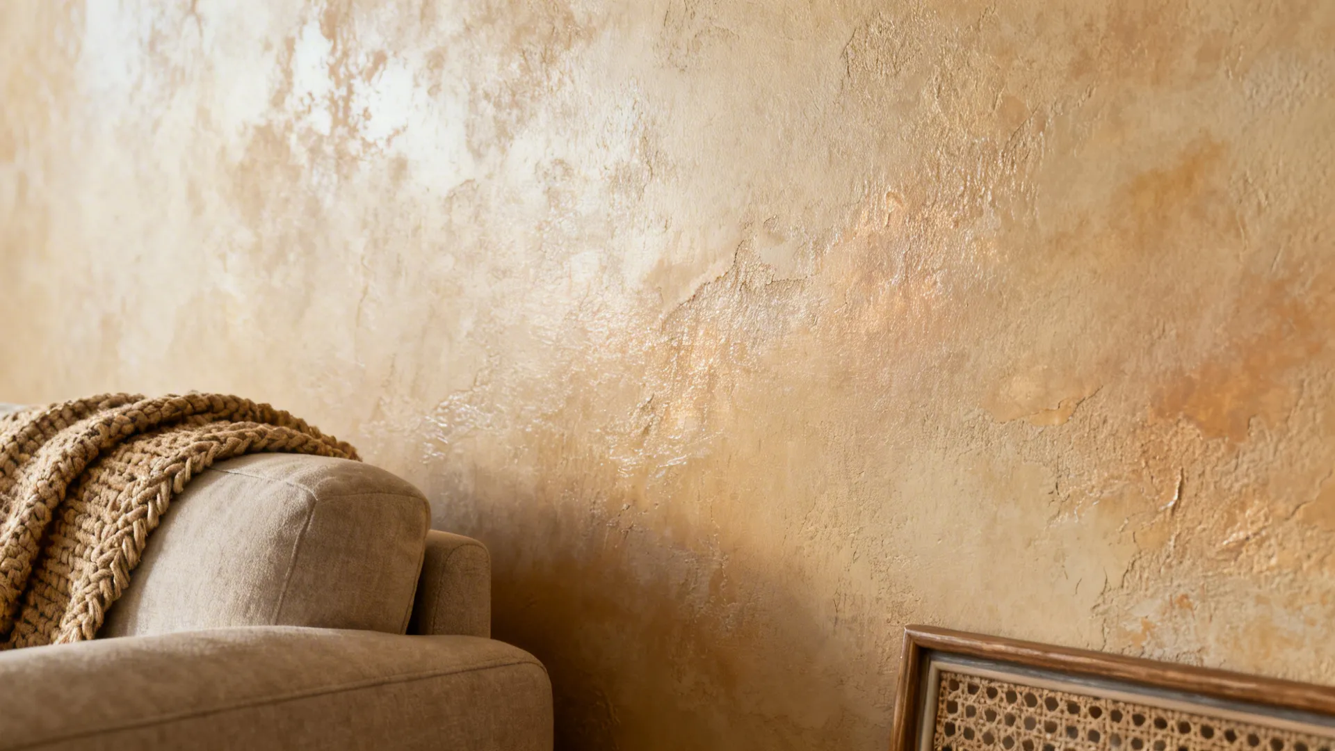 Warm Venetian plaster accent wall close-up showing tactile texture and soft highlights