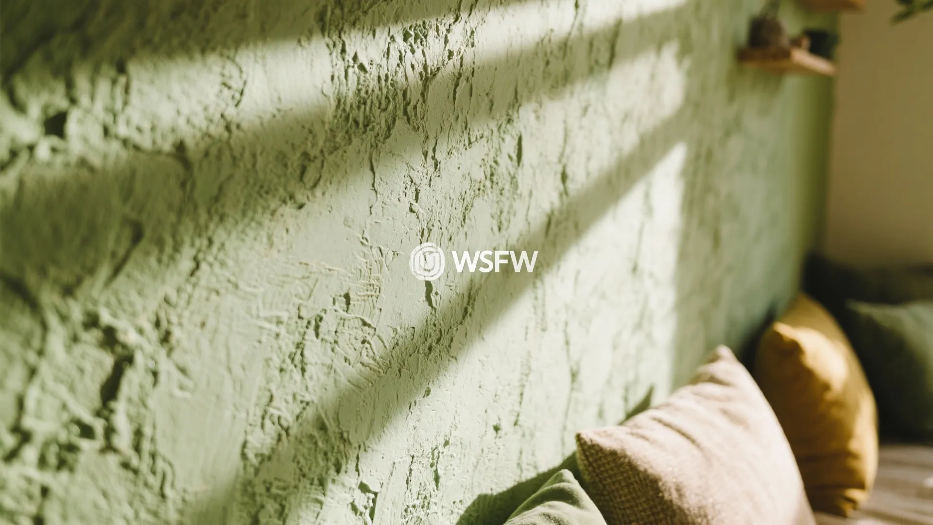 Close up of light green wall with rough plaster texture and soft shadows from windows