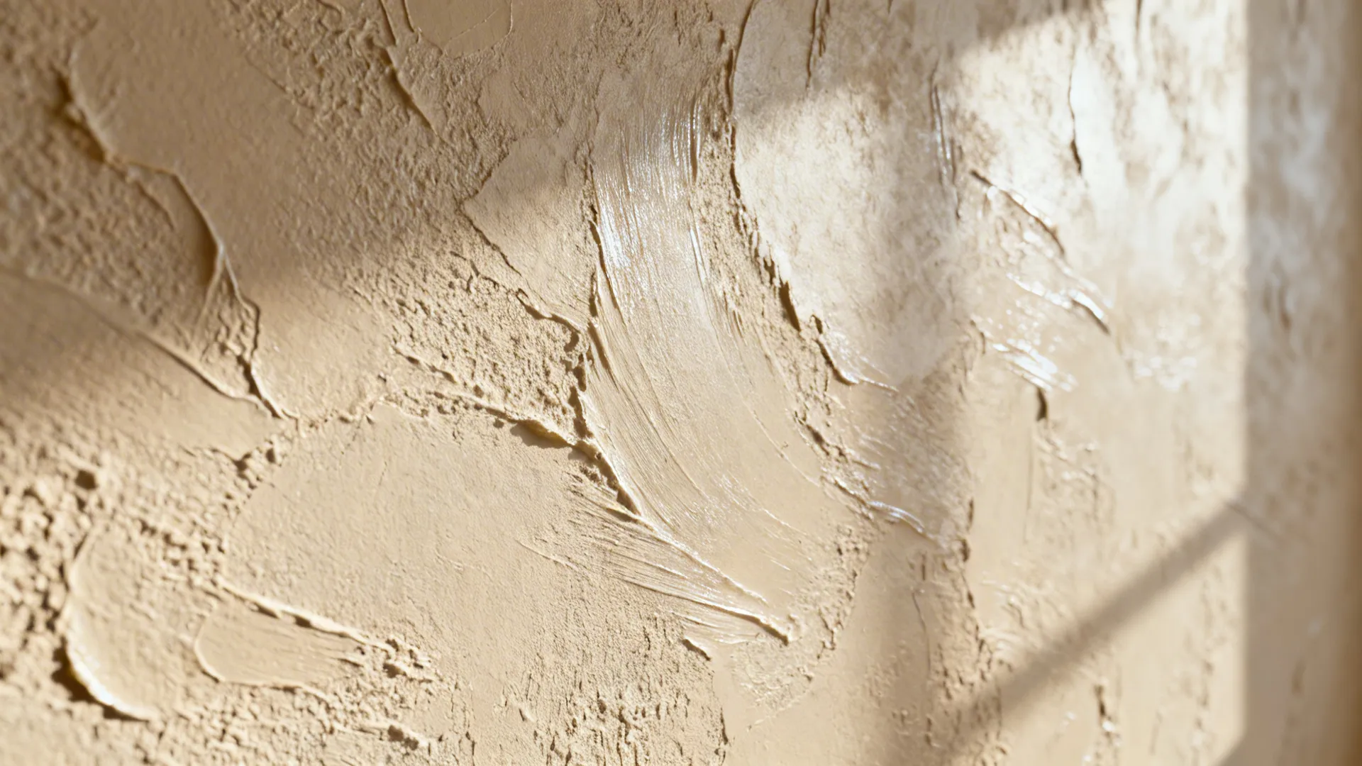 Close-up of warm beige textured plaster wall showing hand-troweled movement.
