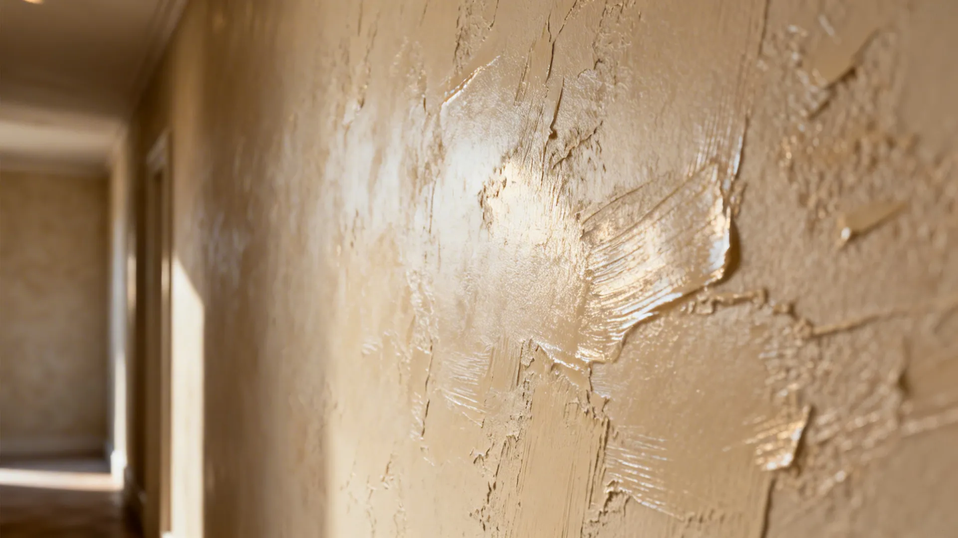 Close-up of subtle Venetian plaster texture on a hallway wall showing tactile finish.