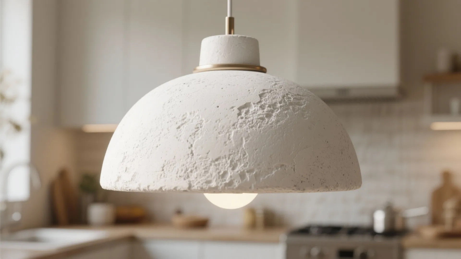 4. Textured plaster or concrete-look white pendants