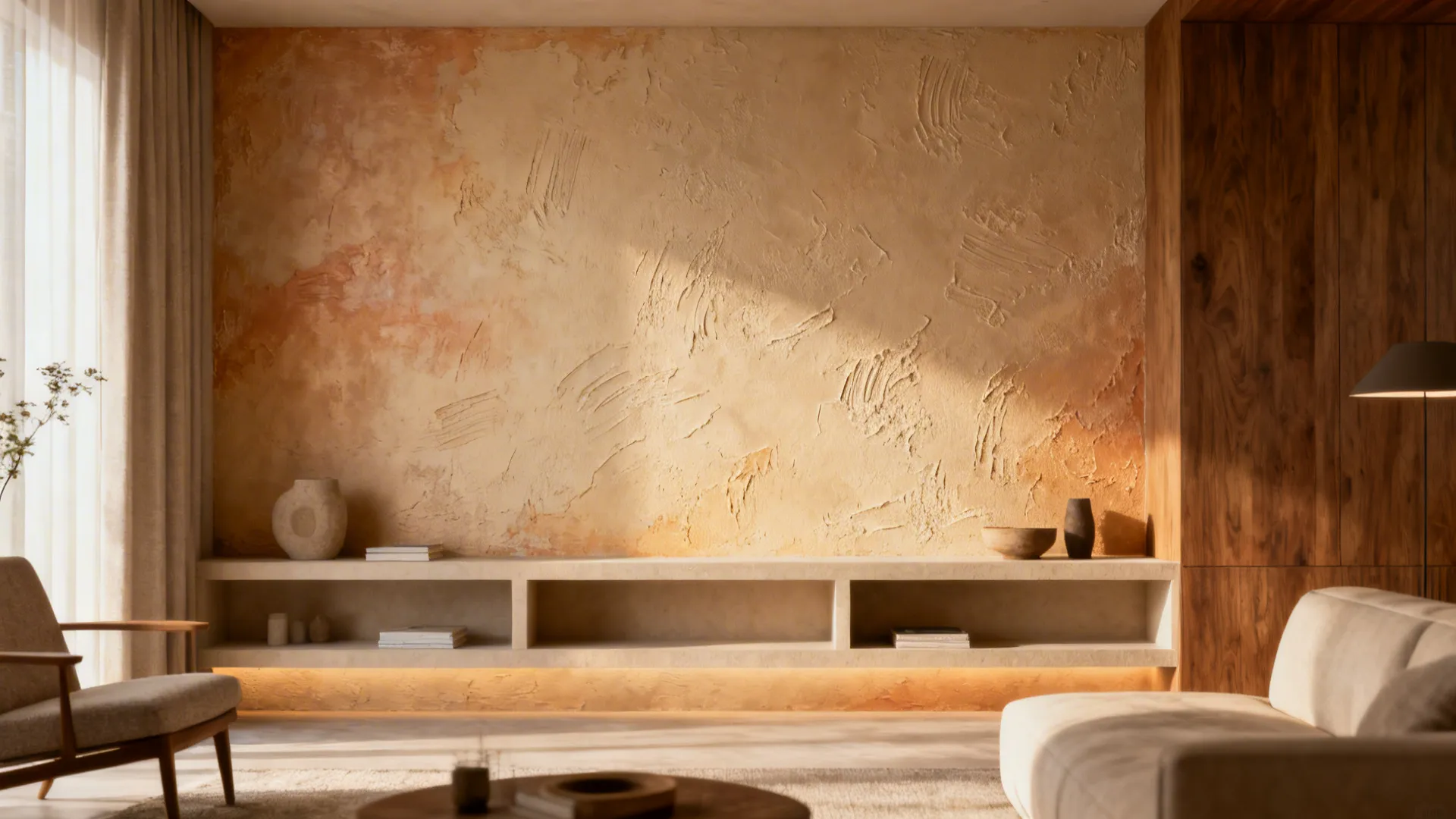 Textured plaster wall in a warm living room with low shelving unit sofa and chair
