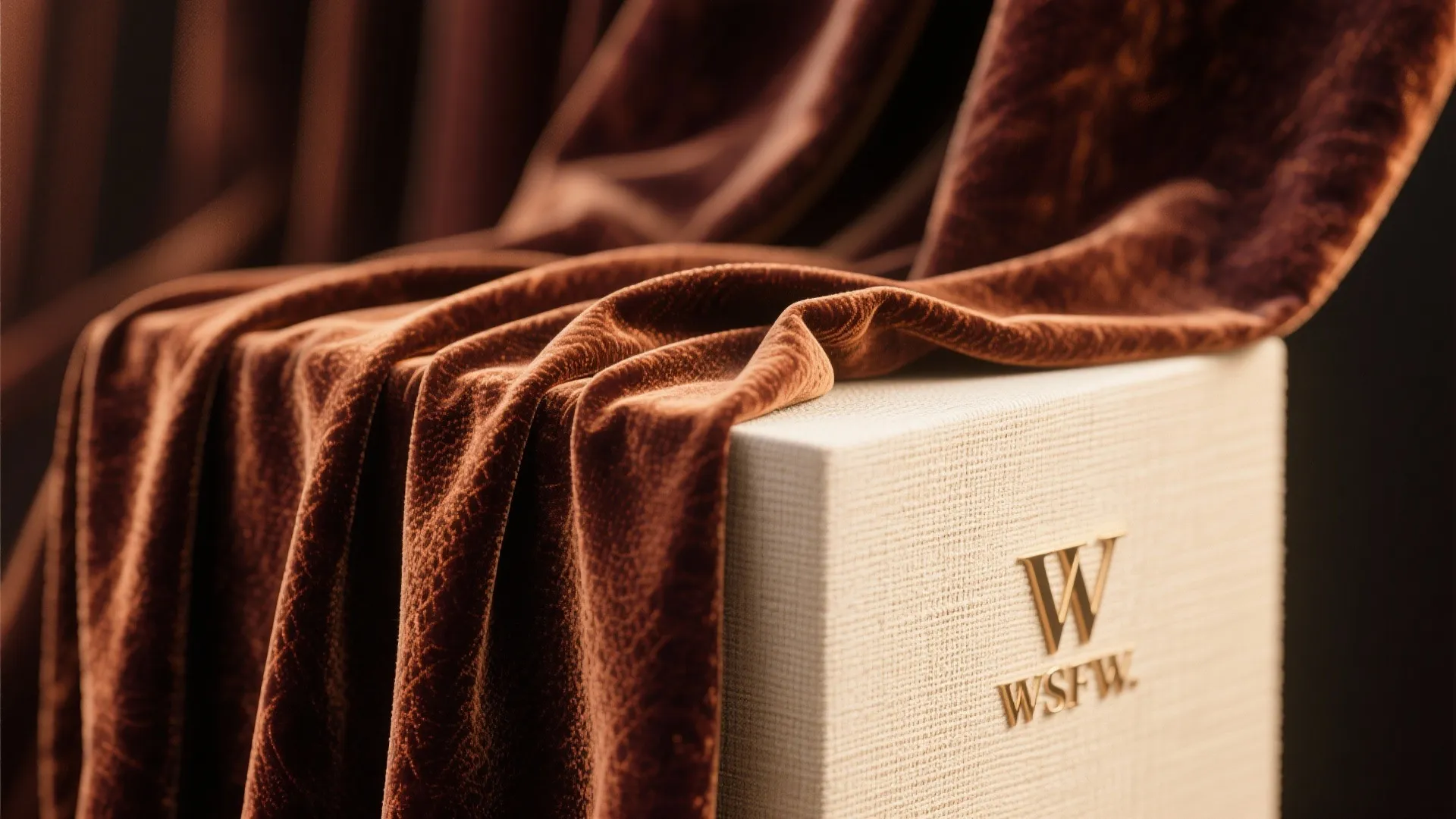 Soft brown velvet fabric draped over a beige display stand with a gold brand logo