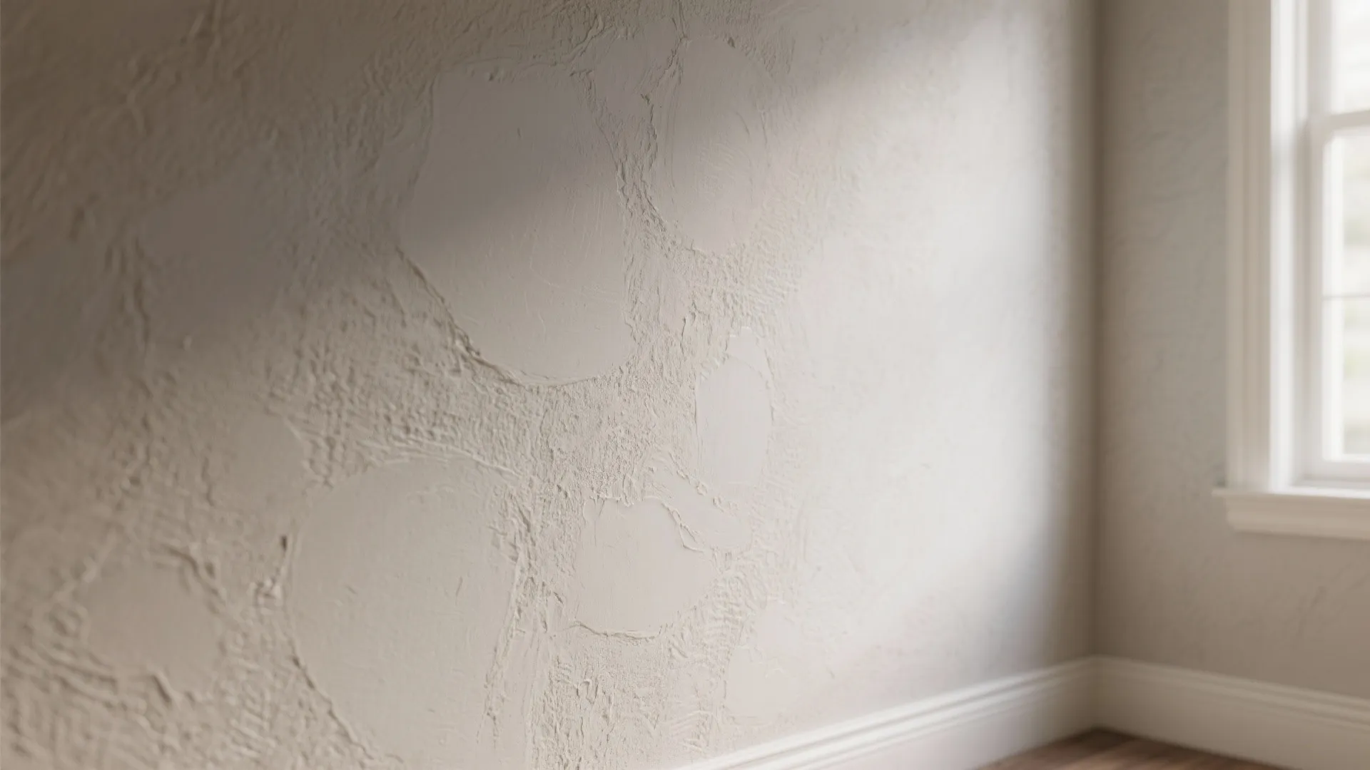 Close up view of a textured white wall with circular plaster patterns and a window