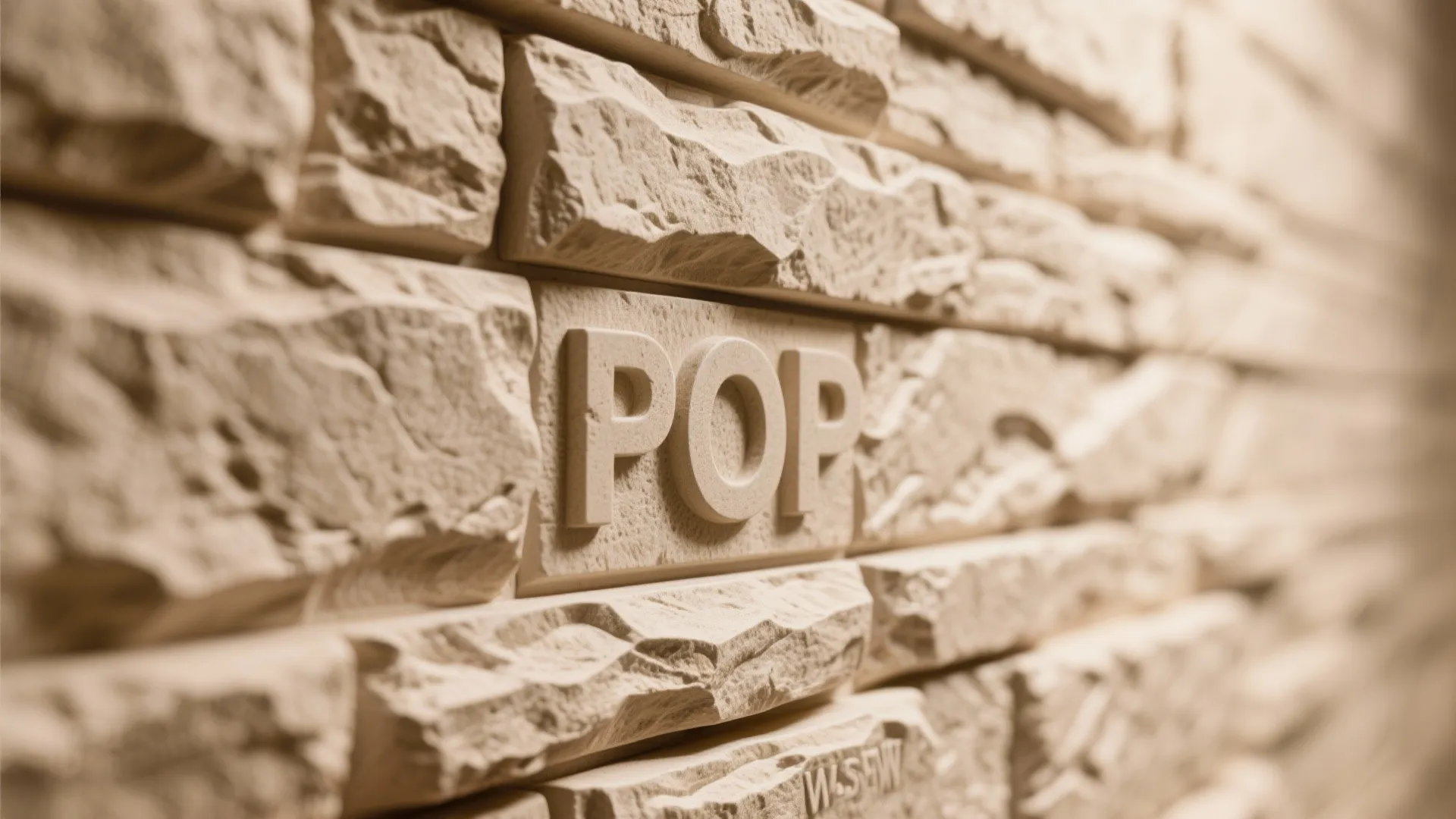 Close up view of a textured stone wall with the word POP carved into stone