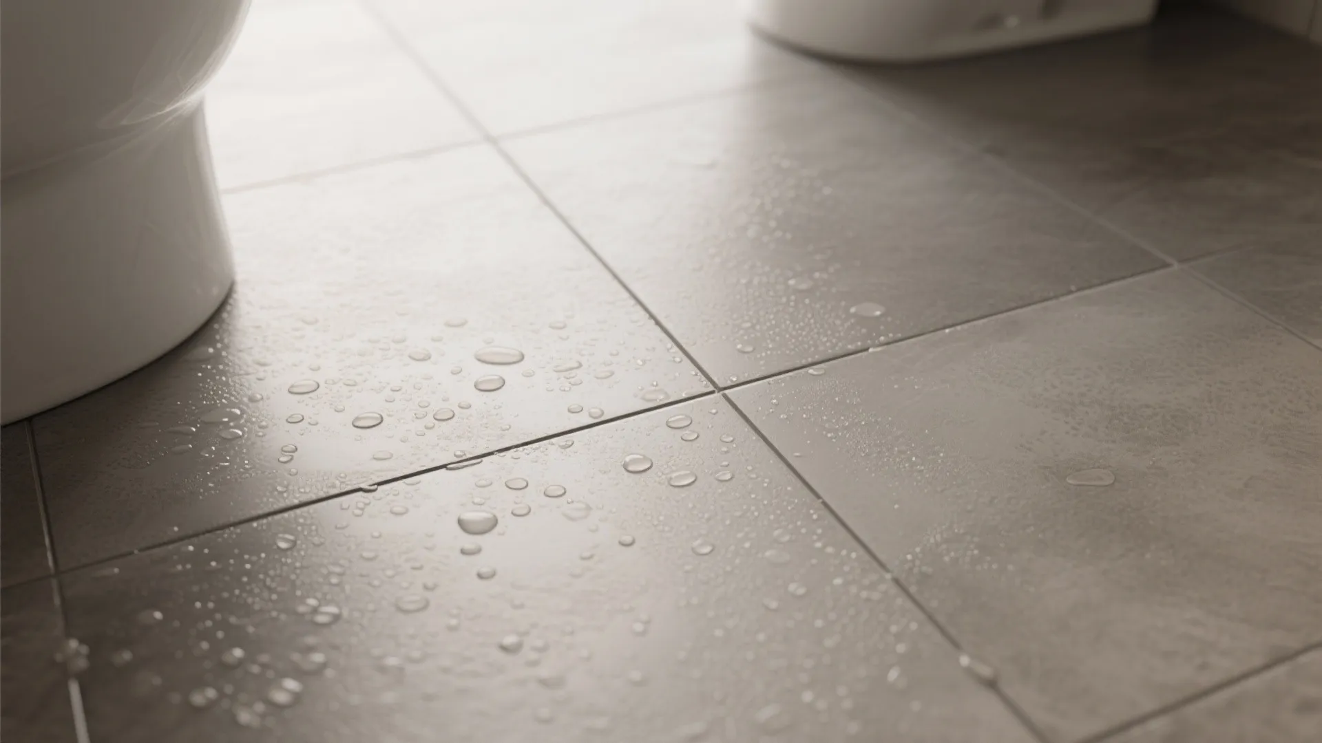 Close up view of grey bathroom floor tiles with water drops and soft natural light