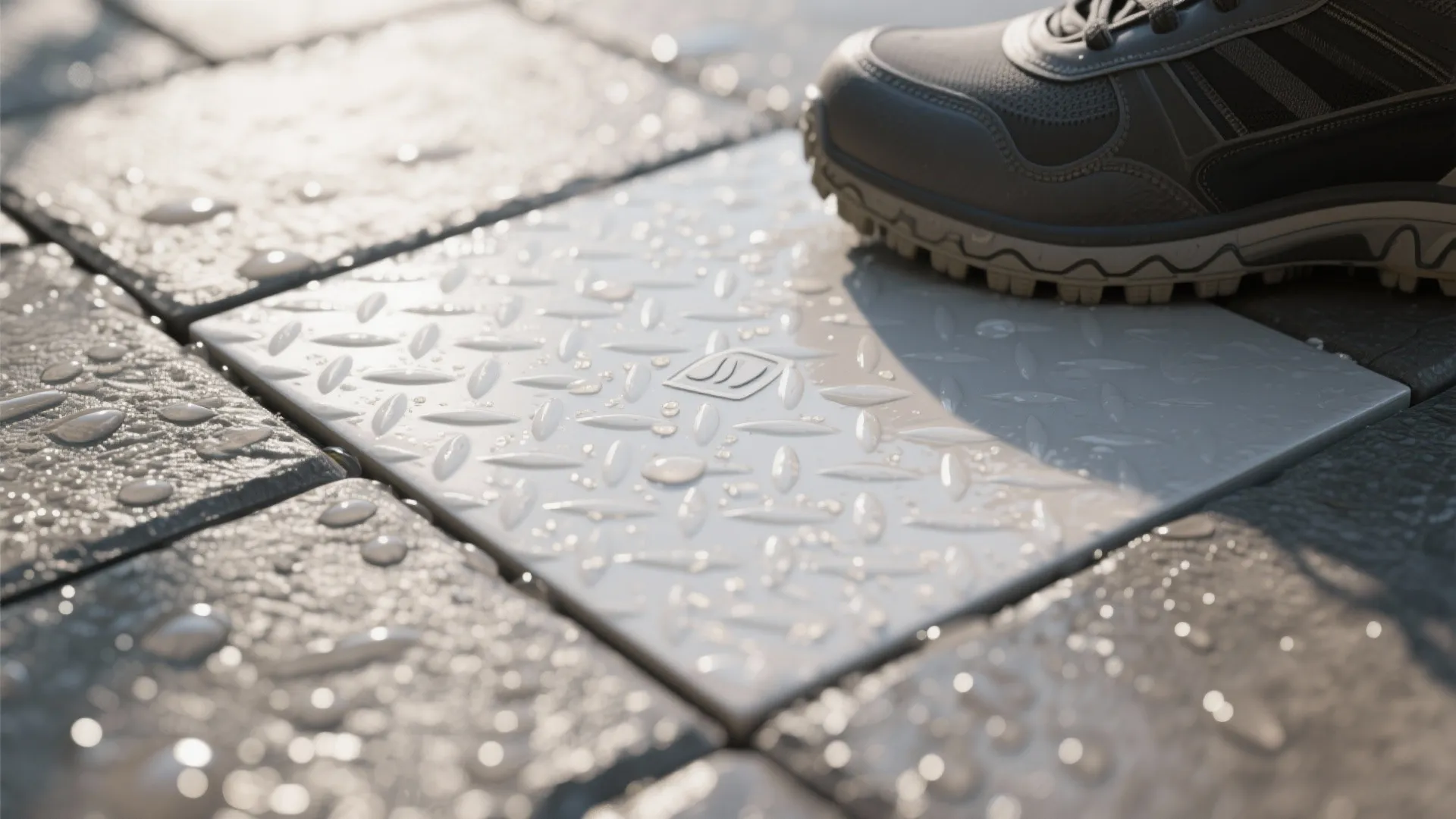 Person wearing hiking shoe stepping on grey textured floor tile with many clear water droplets
