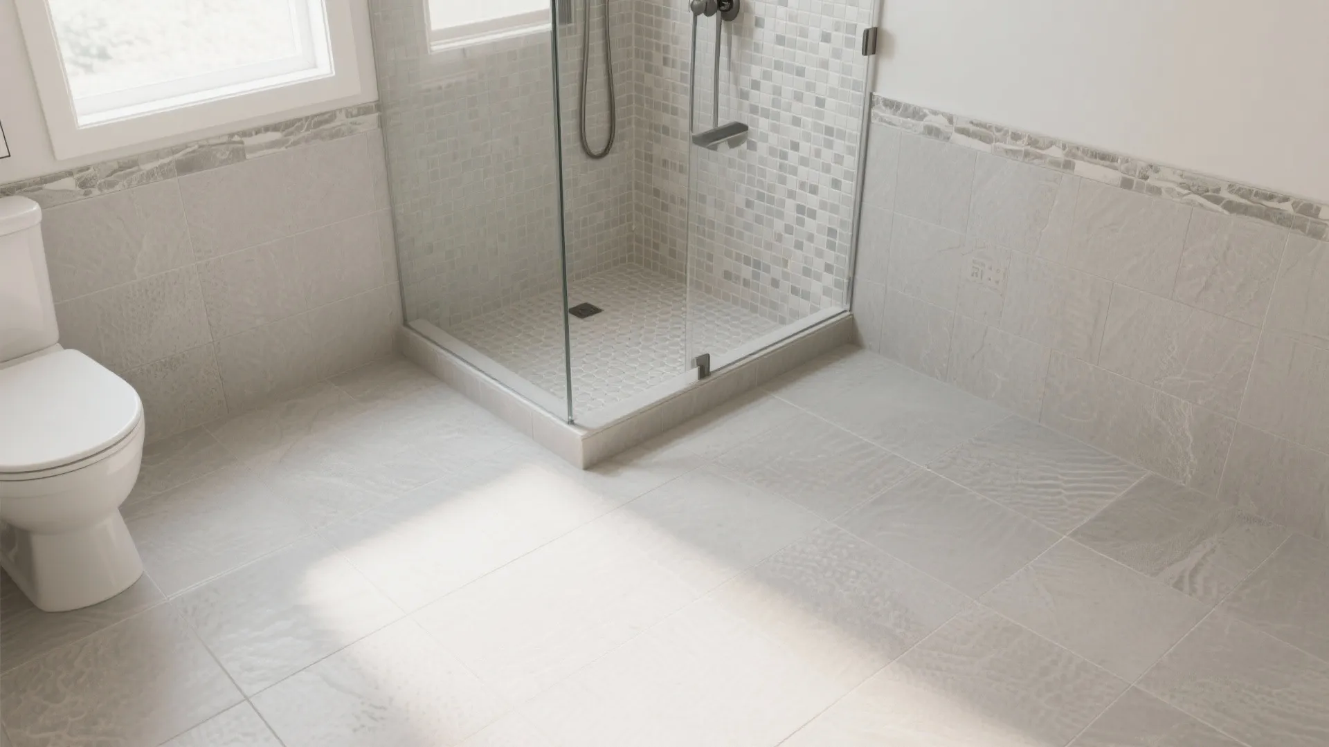 Textured greige porcelain floor with 12x24 tiles and 2-inch shower mosaic for extra grip, calm modern bathroom in soft daylight.
