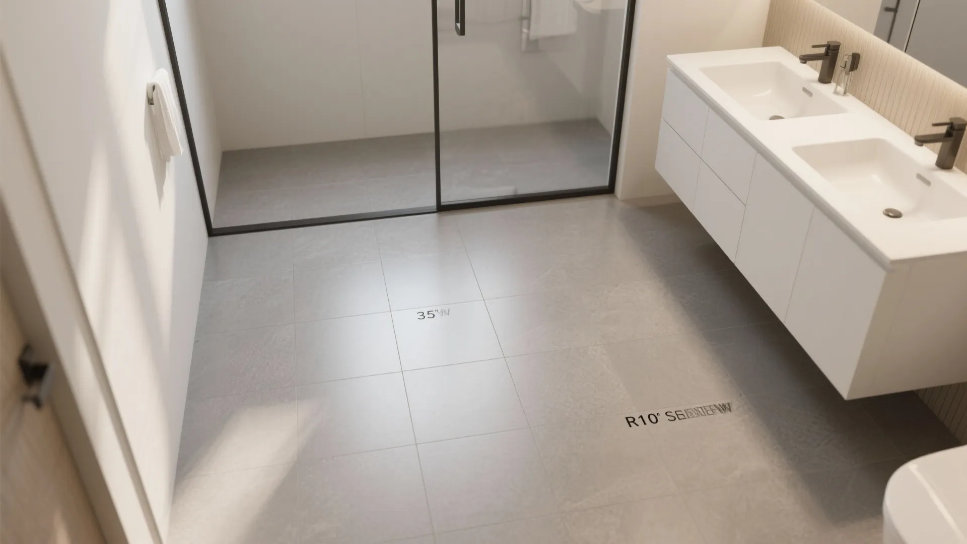 Small bathroom with matte mid-gray textured porcelain tiles in 12x24 format and light walls.