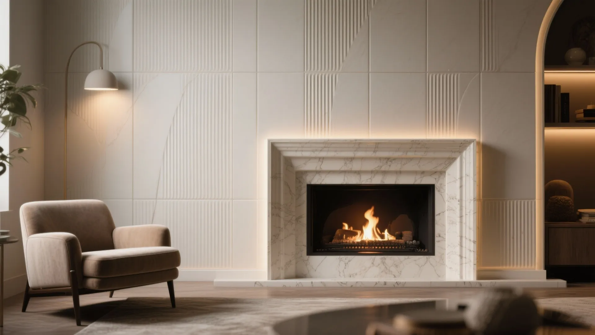 2. Textured porcelain panels for tactile interest