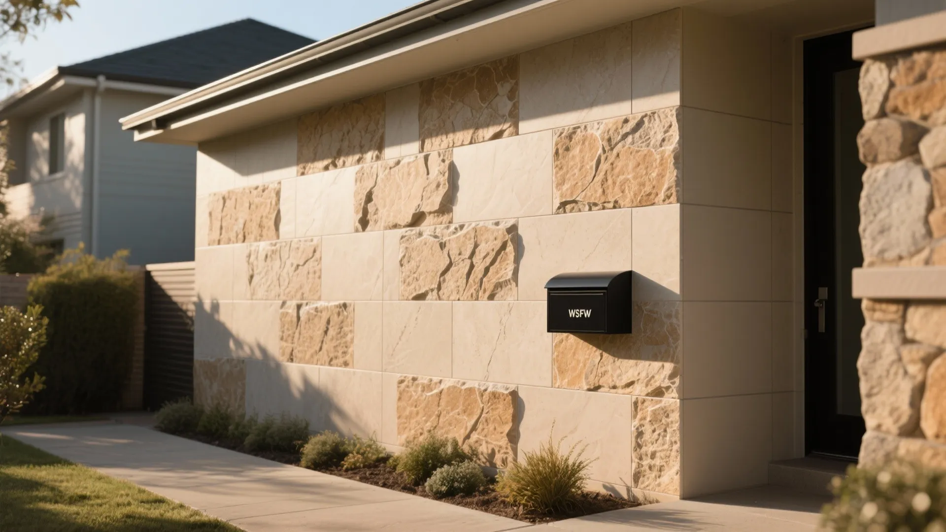 Exterior wall of a house featuring light beige stone tiles and a black metal mailbox
