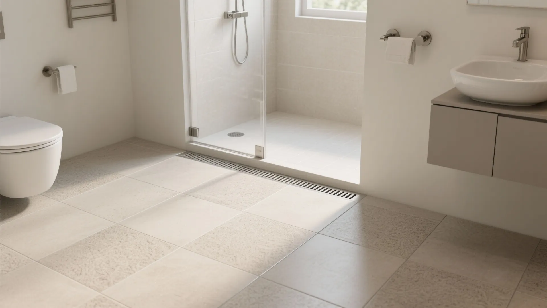 Modern bathroom with beige floor tiles, white toilet, glass shower, and a wall mounted sink