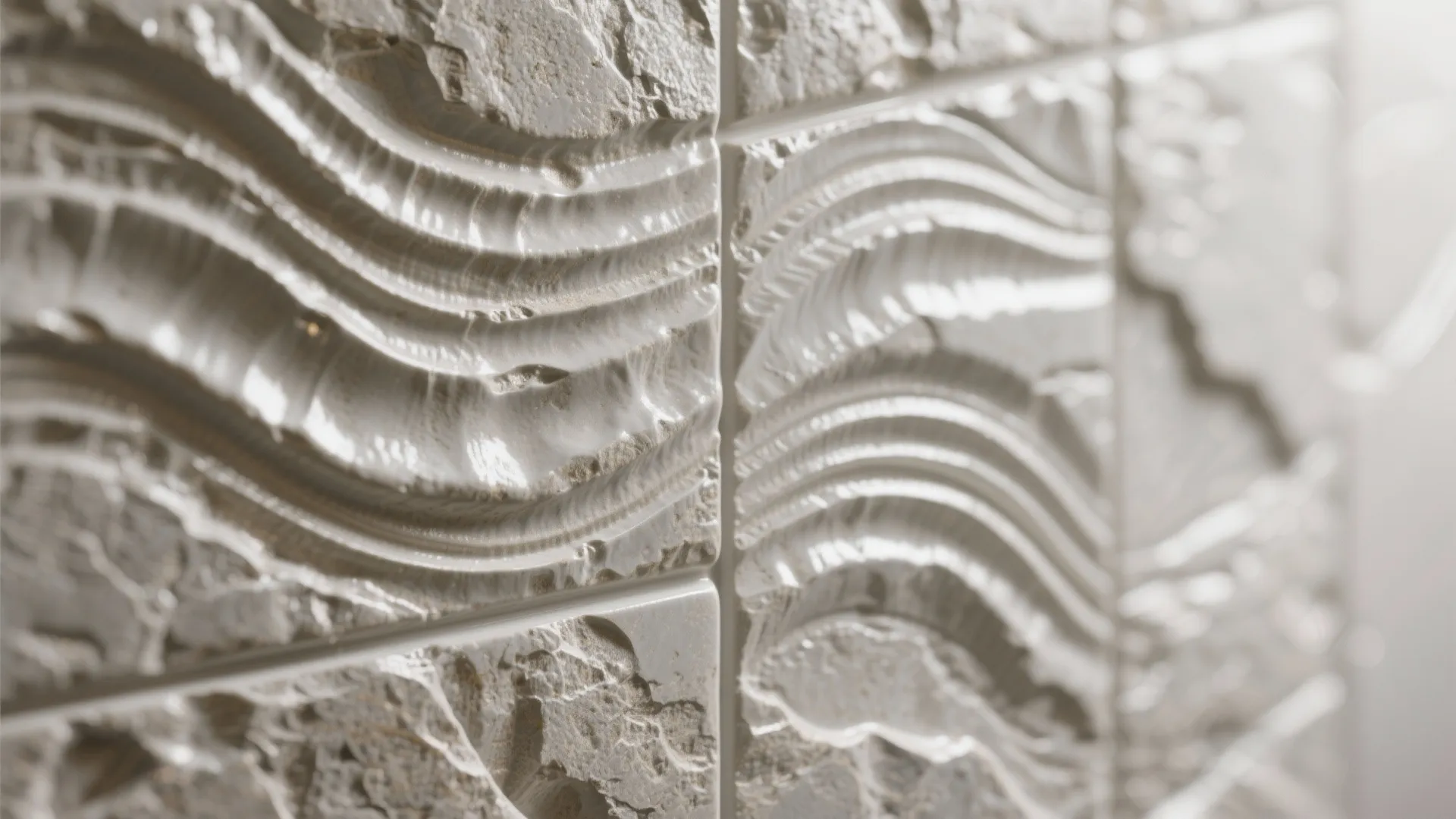 Close up view of white wall tiles with wavy texture and rough stone like surface details