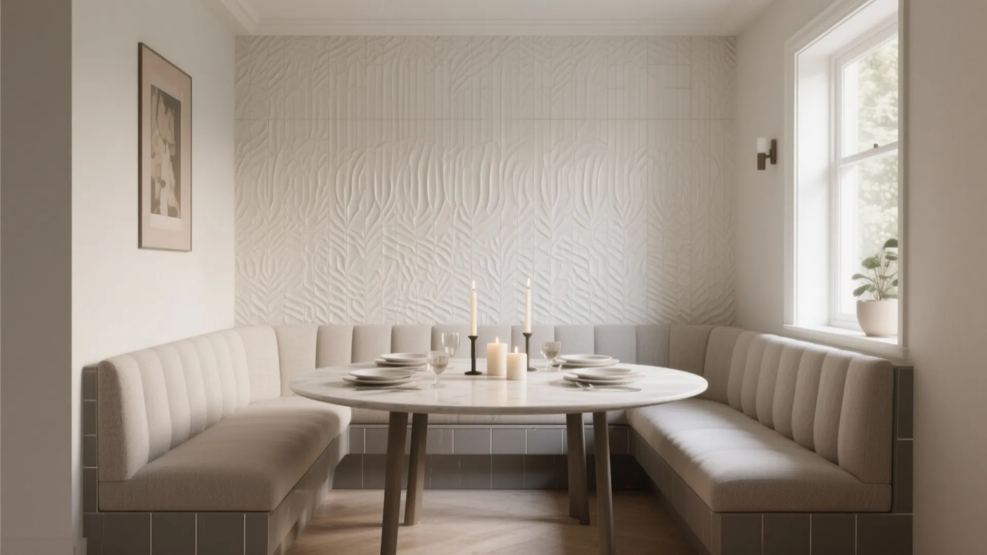 Dining area with textured white leaf wall panel round marble table and grey booth seating