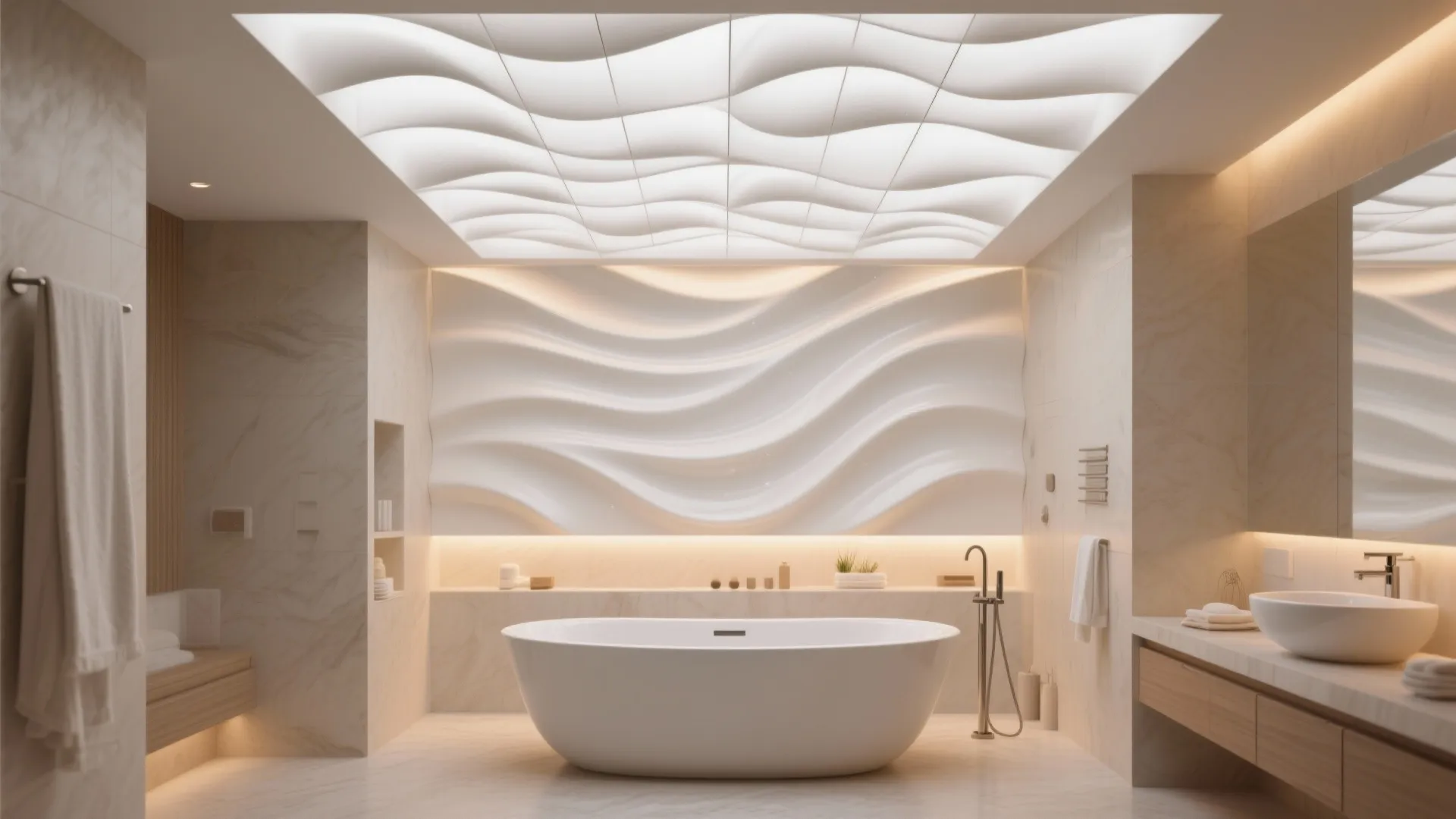 Luxury bathroom with wave pattern ceiling light white bathtub marble walls and warm ambient lighting