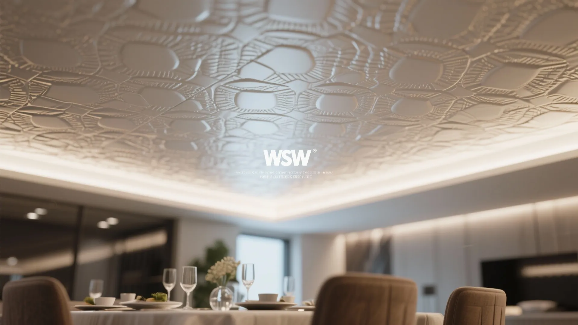 Elegant dining room interior featuring a decorative textured white ceiling with warm hidden light fixture glow