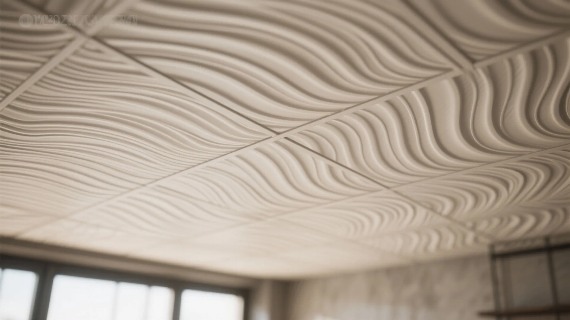 Close up view of white ceiling tiles with wave pattern in a bright modern room interior