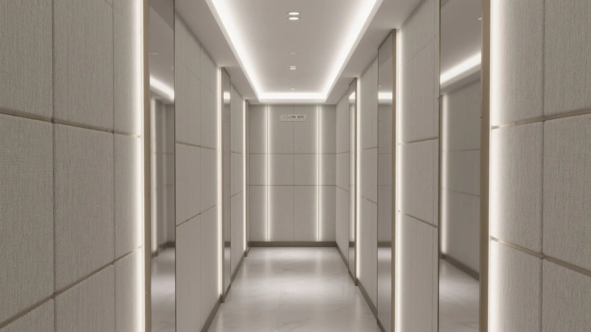 Minimalist corridor featuring fabric wall panels with vertical light strips and reflective mirror surface details